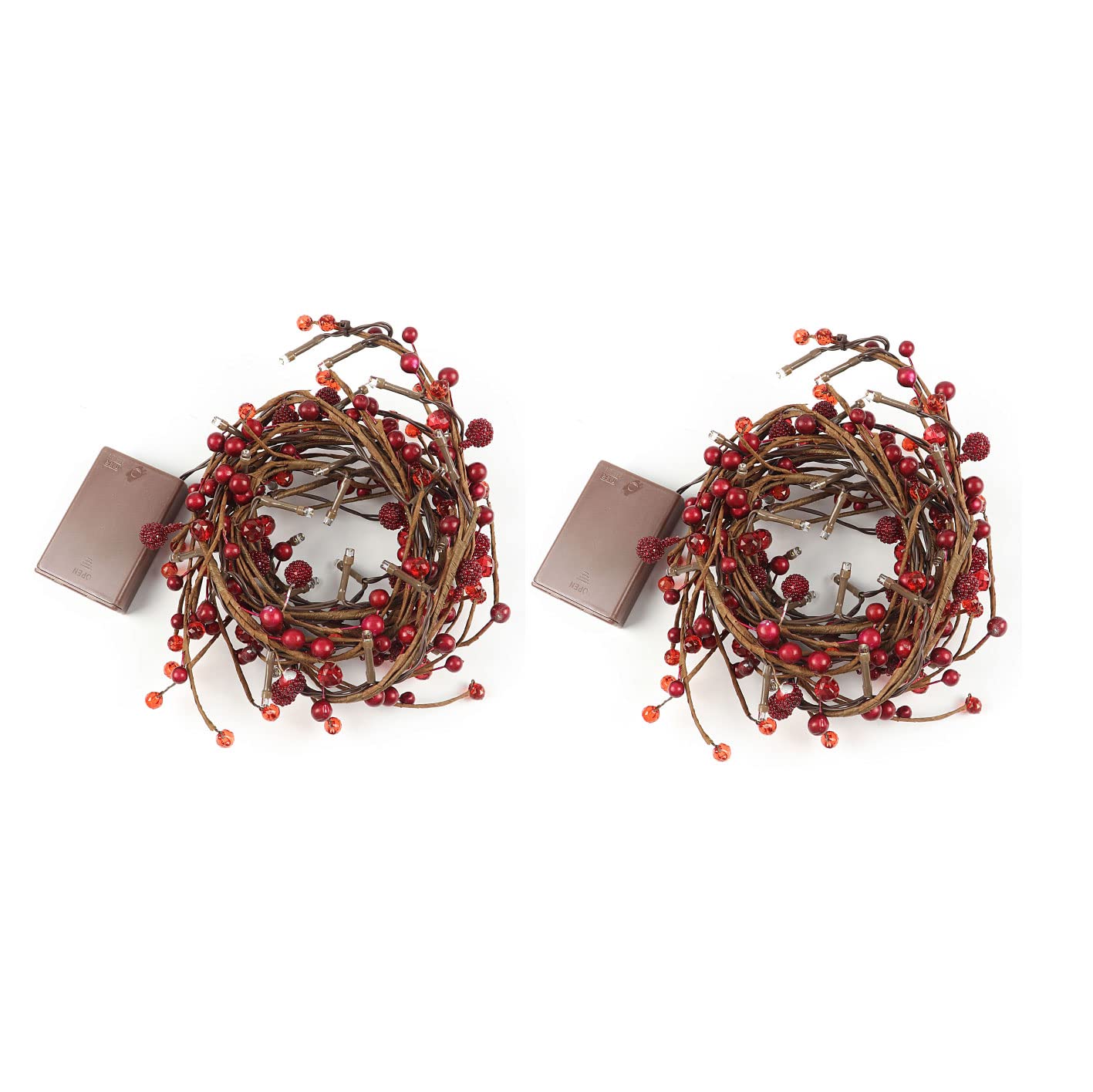 Set Of 2 Red Berry Brunch Pre-Lit Garland With 30Led Lights, Battery Operated Fairy String Lights With Timer Function For Christmas Mantle Decoration - 5.9Ft