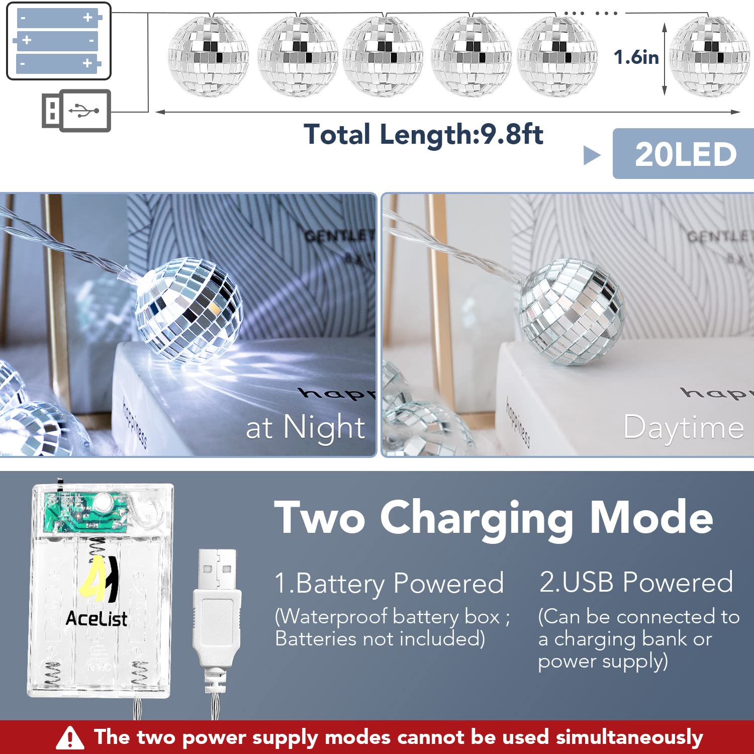 AceList Disco Ball String Lights - 20 LED, Battery Powered & USB, 9.8Ft, Silver, Model GZ-LT301BW-20-FBA1