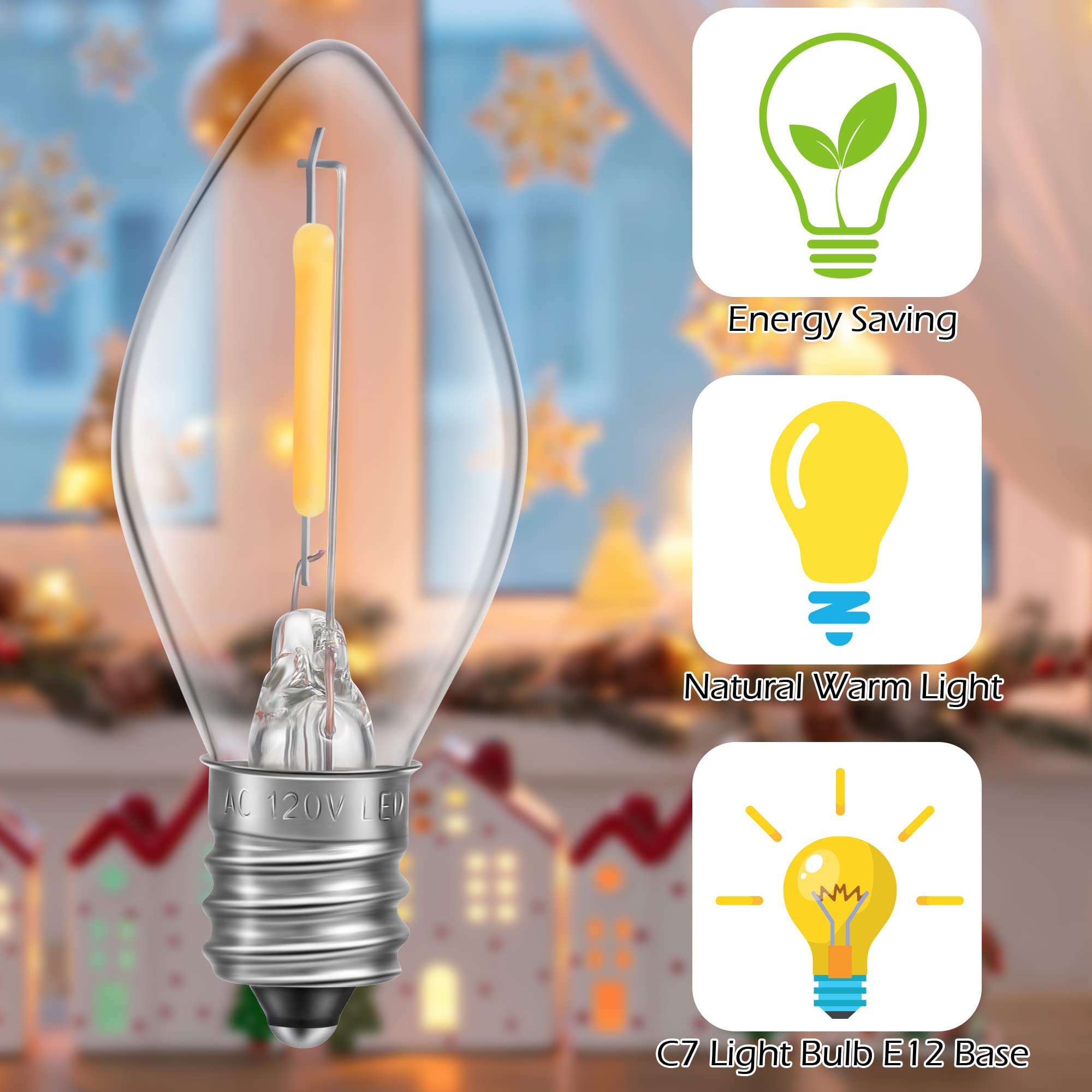 Meonum 2 Pack Accessory Cord With 20 Led Light Bulb C7 Cord Clip Christmas Village Lights With Double Spare Fuse Blow Mold String Lights Decoration For Xmas Village House Pumpkin Crafts
