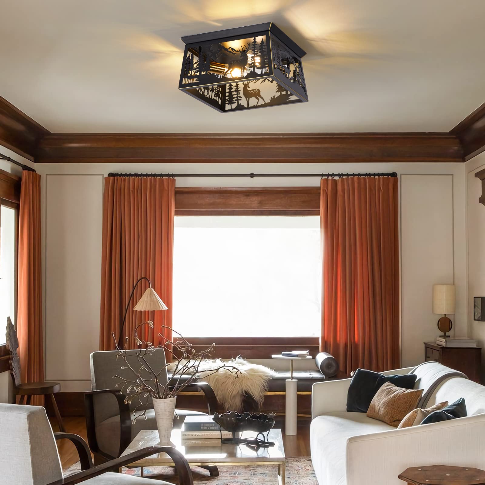 Monaxon Farmhouse Rustic Deer Flush Mount Ceiling Light Fixture For Cabin, Kitchen, And Outdoor