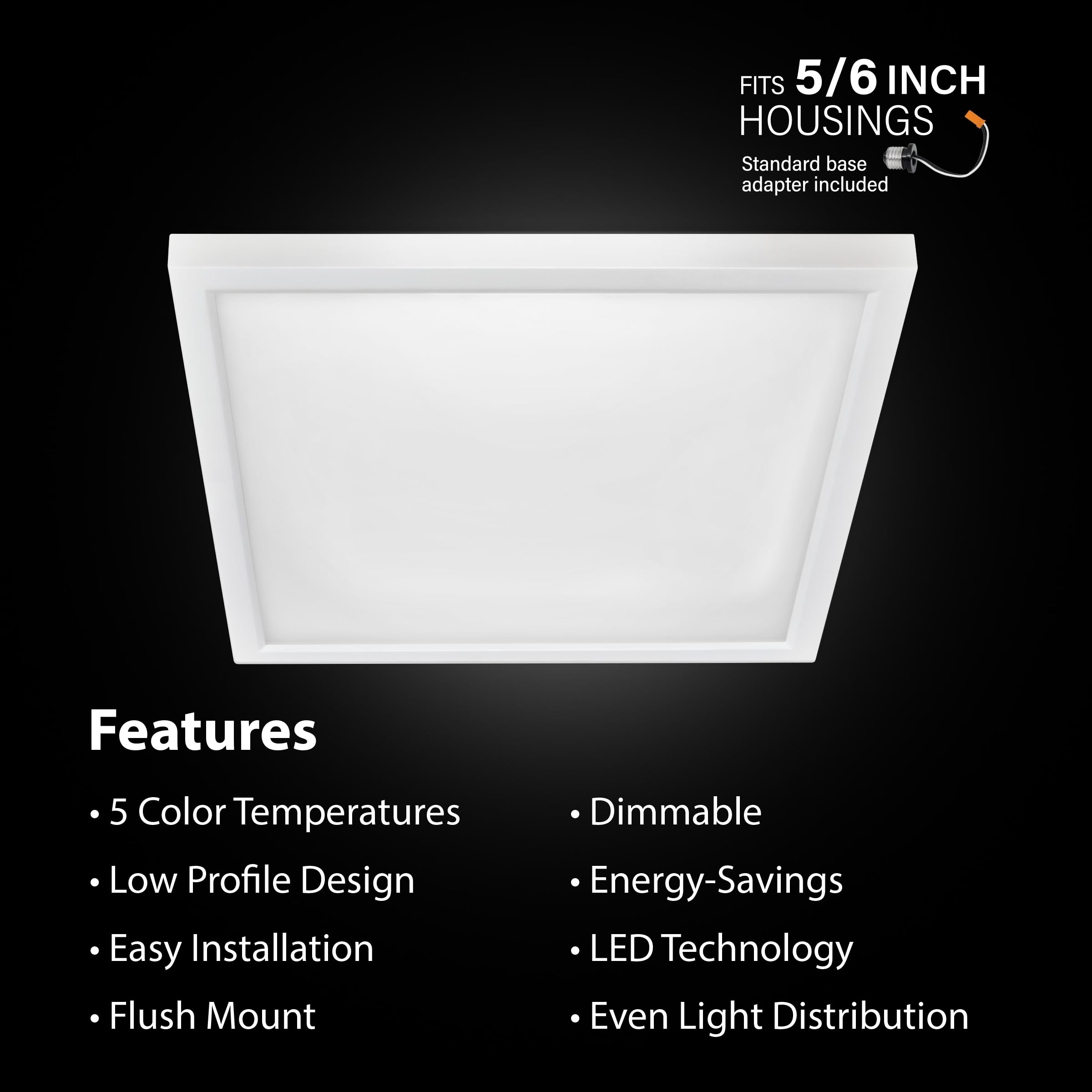 Feit Electric 7.5" LED Square Ceiling Light, Dimmable Flat Panel, 5CCT, Fits 5/6" Cans, Aluminum, Model 74208/6