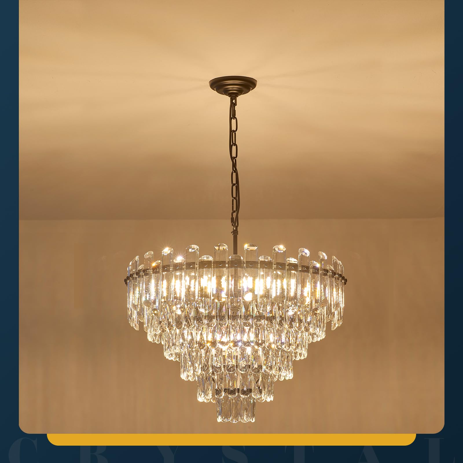 Brfaixla 6-Tiers Modern Crystal Chandelier Black 12-Light 23.6 Contemporary Round Pendant Chandeliers Light stylish Ceiling Hanging Lighting For Living Dining Room Bedroom Kitchen Island Foyer