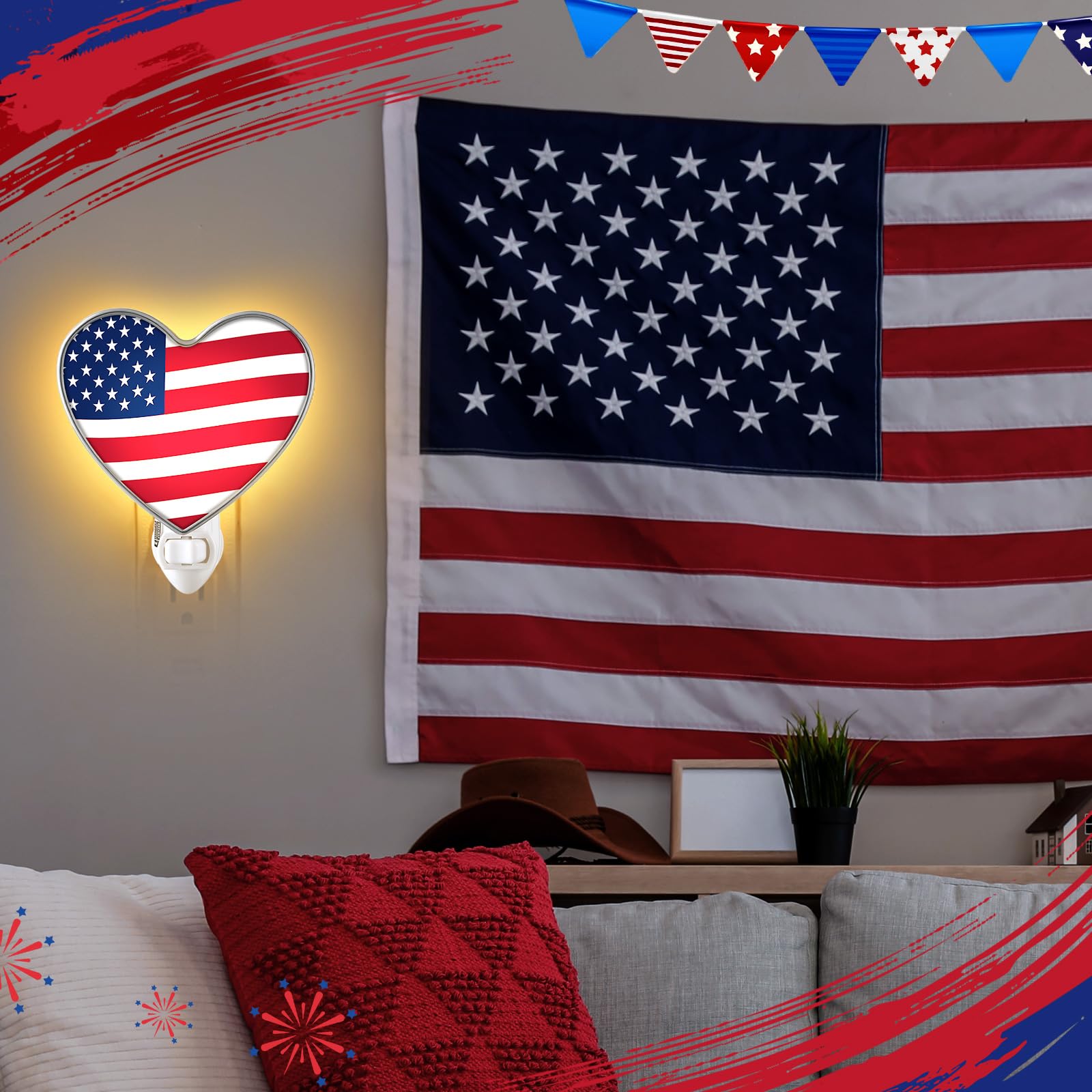 Kittmip Heart Shaped 4th of July Night Light with Switch Acrylic Patriotic American Flag Plug in Wall LED Light for Independence