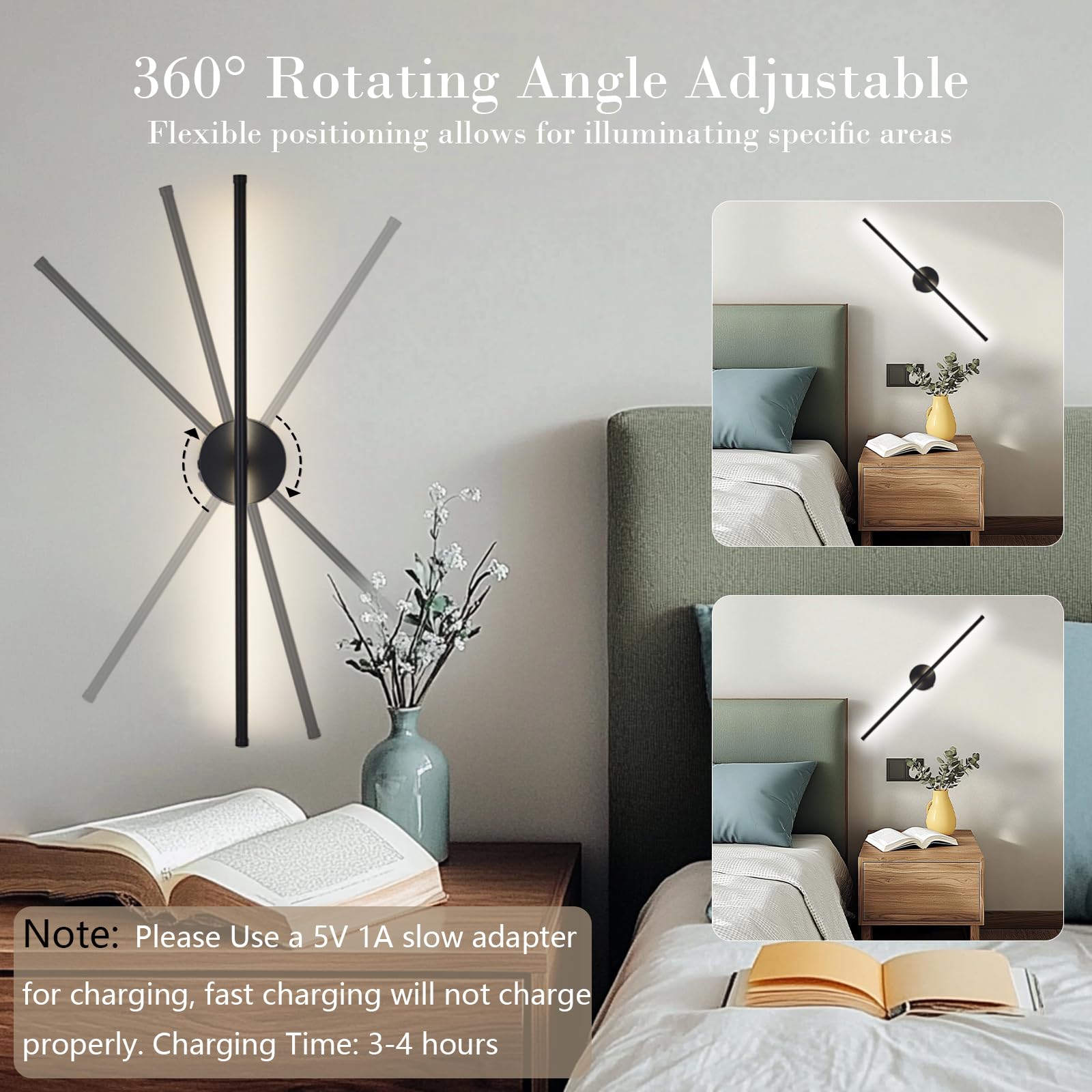 Tropwellhouse Battery Operated Wall Sconces Set of Two, USB Rechargeable, Dimmable LED, 28.3Inch, Black, Model 0112B