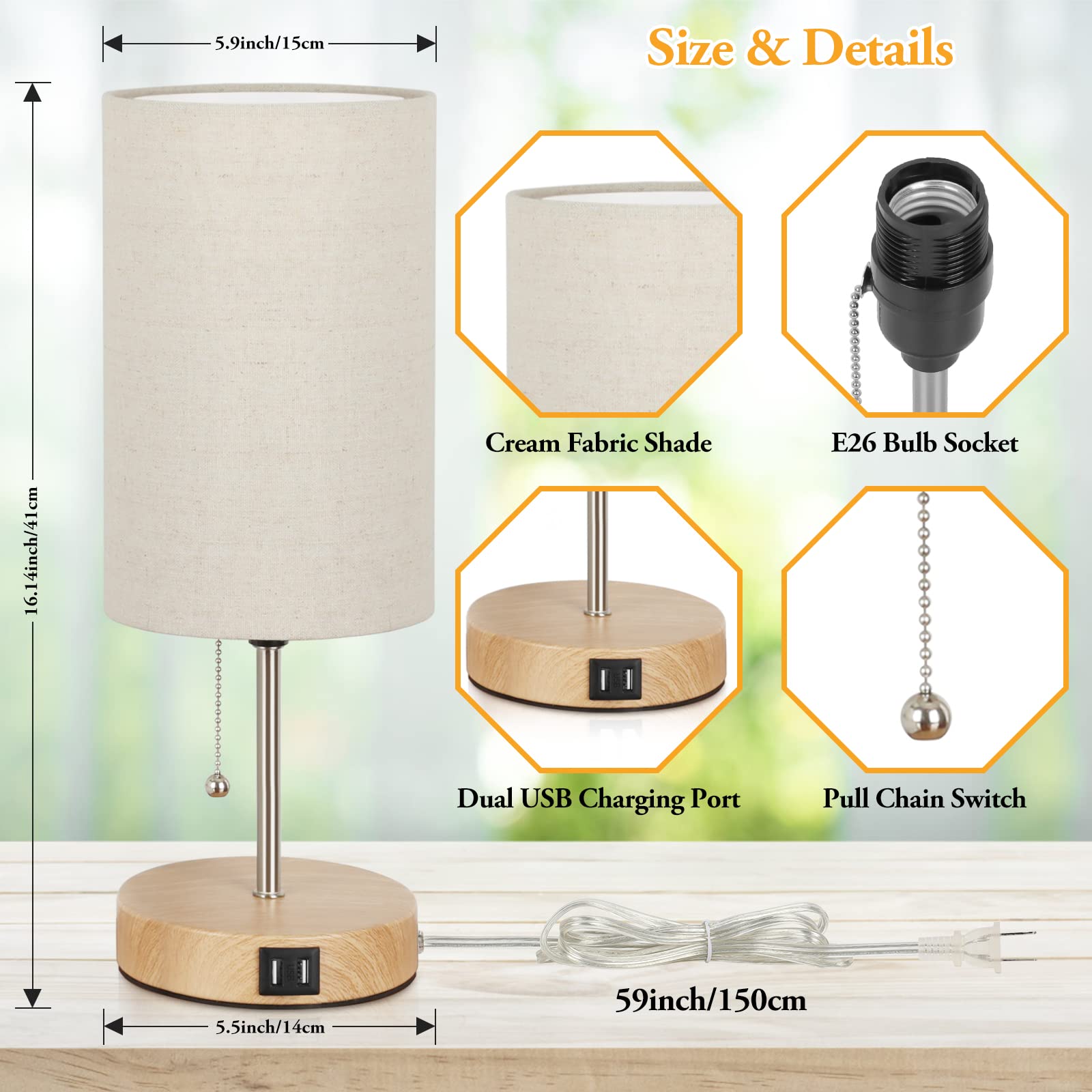 Lakumu Set of 2 Table Lamps with USB Ports, Cream Shade, Wood Base, Model ST0011