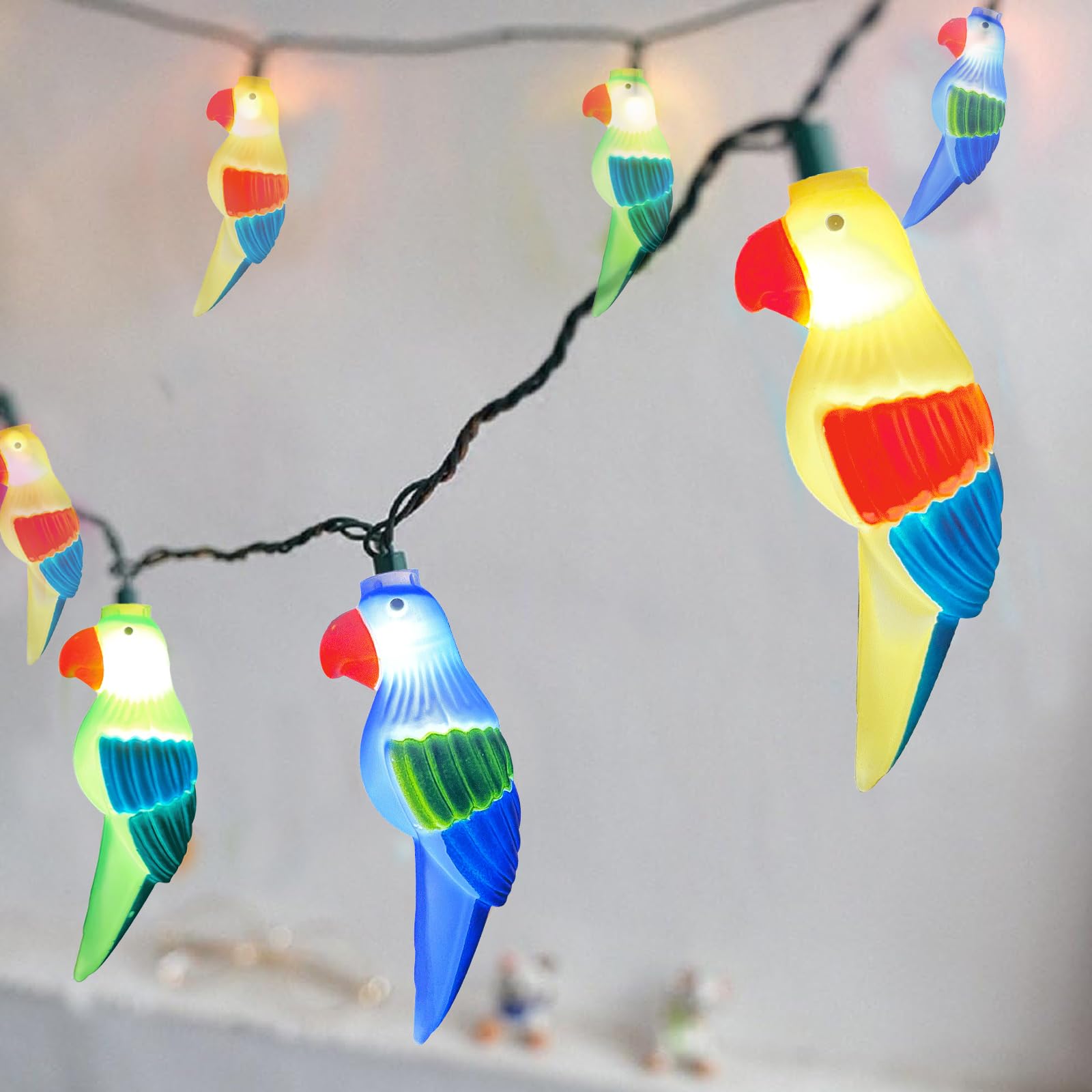Outdoor Parrot String Lights, 8.5Ft Tropical Themed Led Patio String Lights With 10 Multicolor Birds Lights, Hanging Novelty Gar