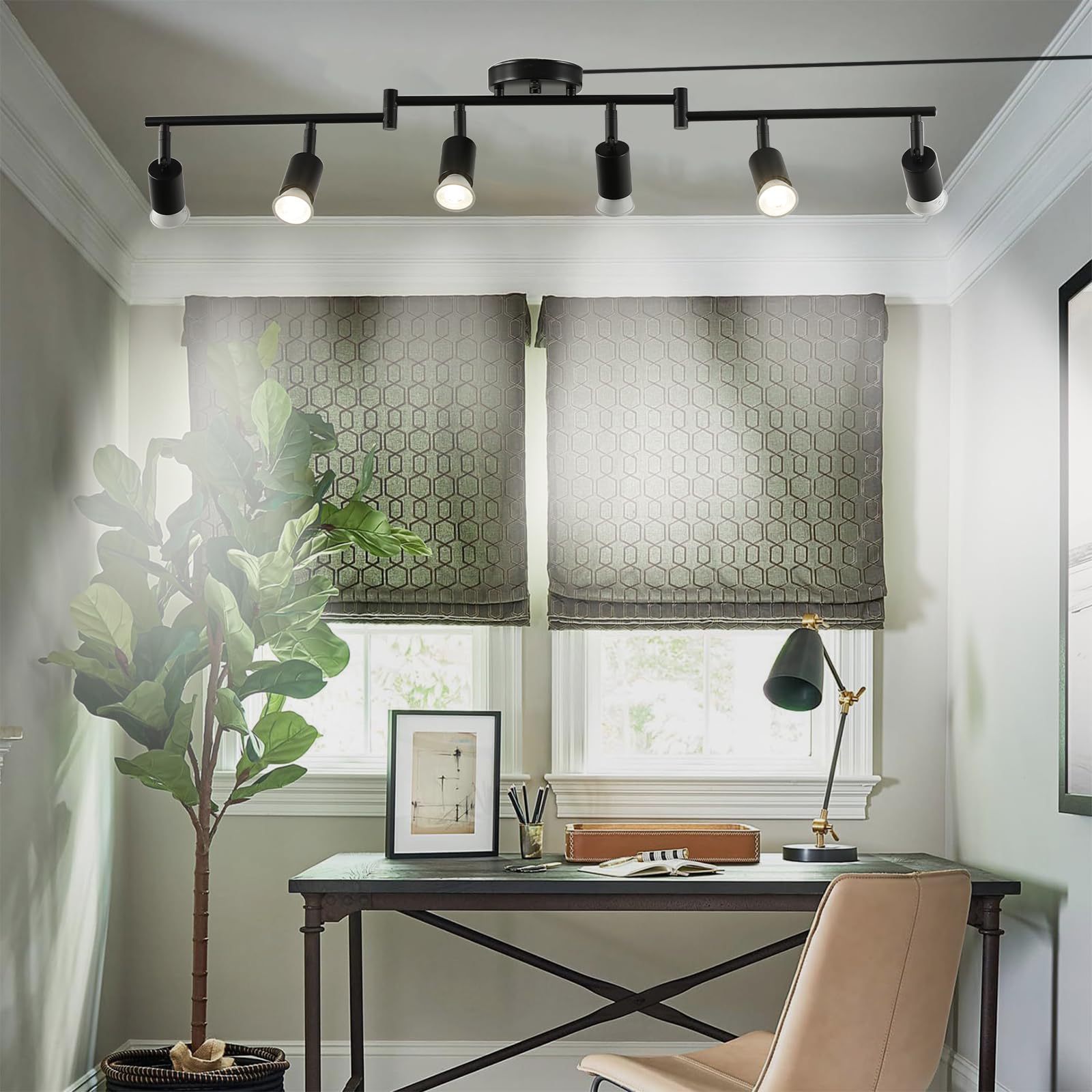 Vivihobb Dimmable Plug In Track Light Black 6 Light Plug In Ceiling Lighting Fixture With 16.4 Long Cord 6 Way Ceiling Spotlight Rotatable Wall Mount Light Head Led Dimmable Spot Bulbs Included