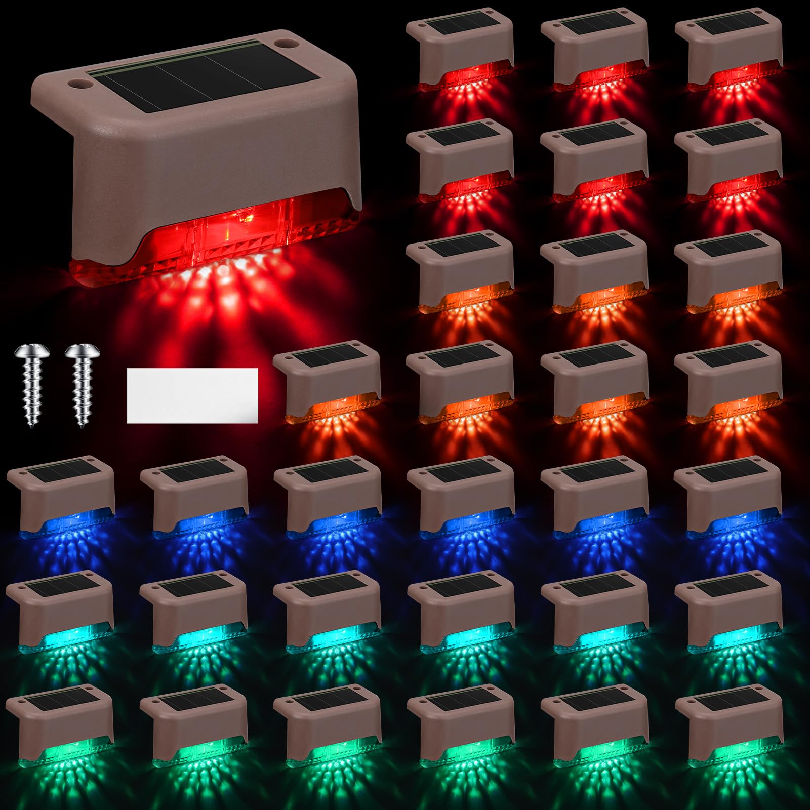 Geelin 32 Pcs Solar Deck Lights Outdoor, Waterproof LED Step Lights, Brown Shell Multicolor, Model HOD-Geelin-055