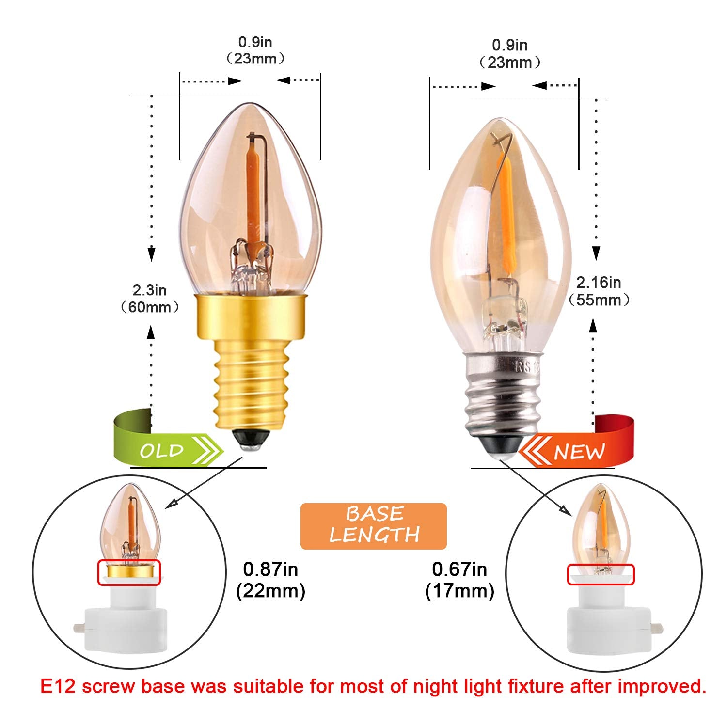 Sphoon C7 LED Night Light Bulb, E12 Candle Base, 0.5W, Ultra Warm White 2200K, Amber Glass, Pack of 2