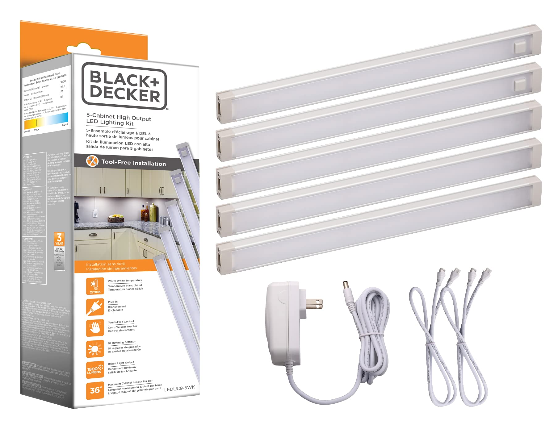 Dimmable Under Cabinet Lighting With Motion Sensor  24.6W  1800 Lumens  White 2700K  5-Bar Kit  9  Warm -Like New