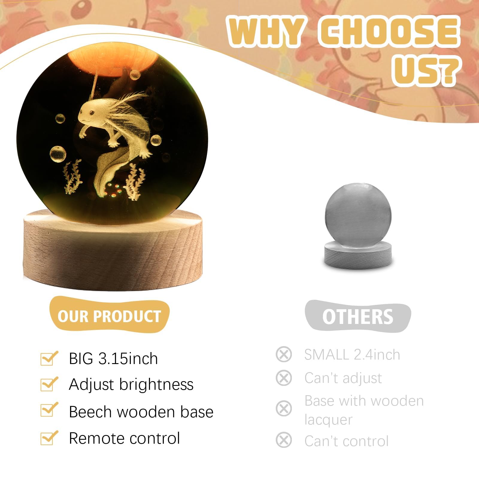 3.15In 3D Axolotl Gift, Axolotl Lamps For Bedroom, Axolotl Night Light, 16 Colors & Remote Controls Crystal Ball Axolotl Light,