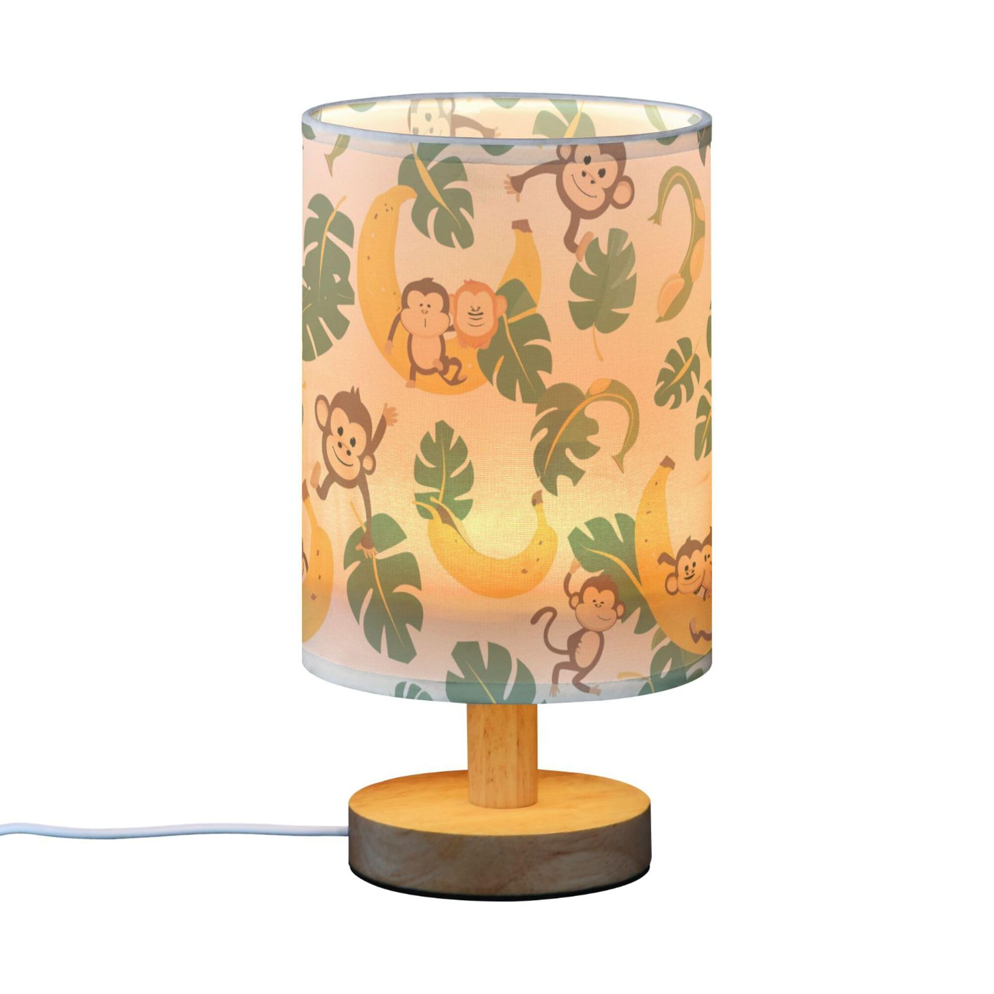 YYZZH Table Lamp Monkey Banana Monstera Nightstand Lamp with Wood Base Fabric Lamp Shade Bedside Desk Lamp for Living Room Bedro