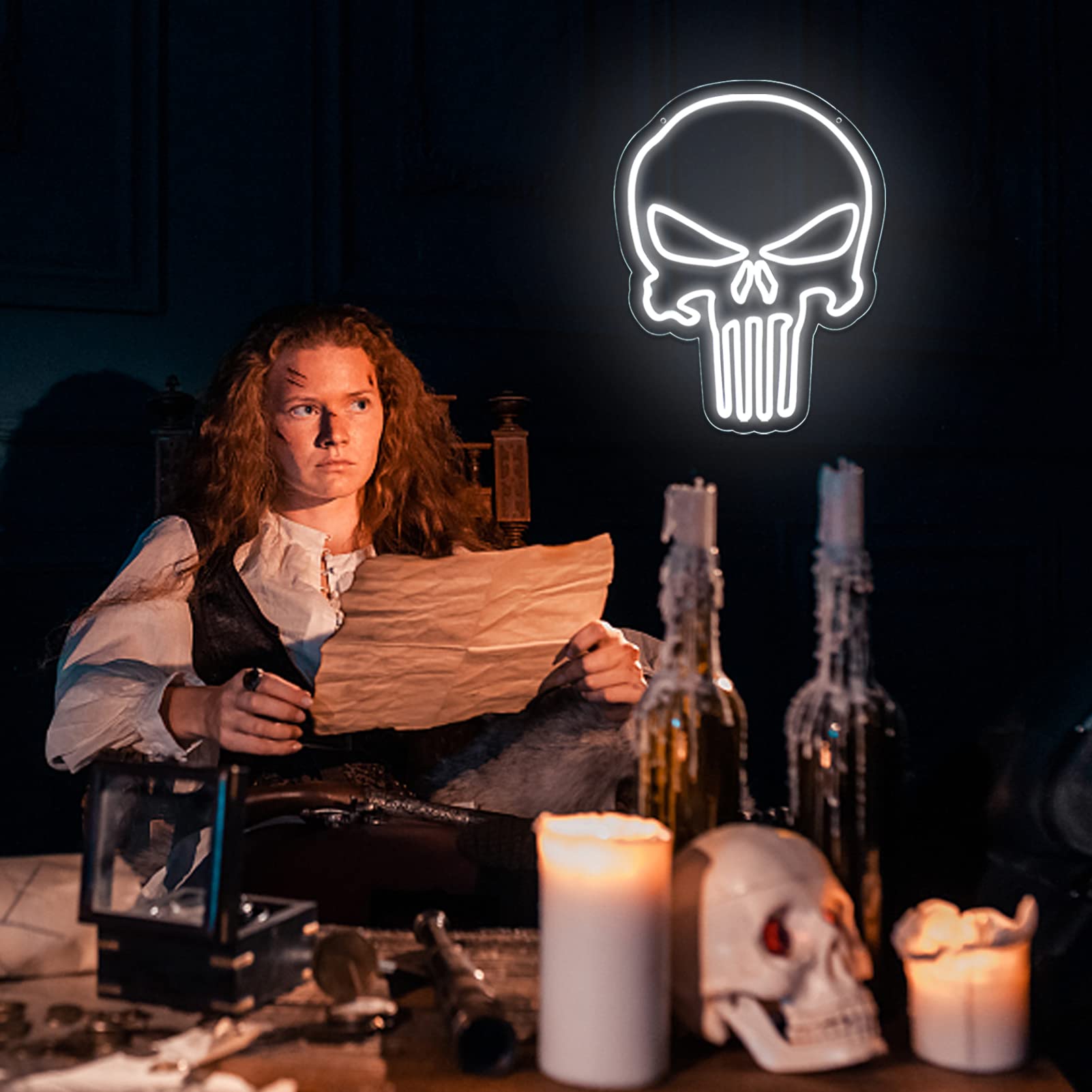 JFLLamp Skull Punisher Neon Sign - 16.5x12.6in USB Wall Decor for Bedroom, Man Cave, Bar - White Punisher Logo Light