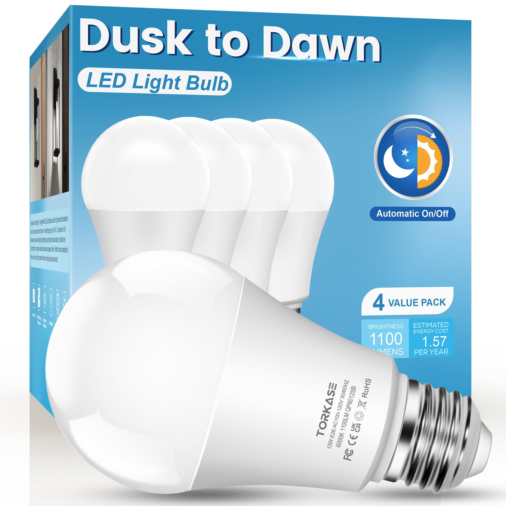 Torkase Outdoor LED Light Bulbs, 13W (100W Equivalent), Dusk to Dawn, E26 Base, 6000K Cool White, Non-Dimmable, 4 Pack