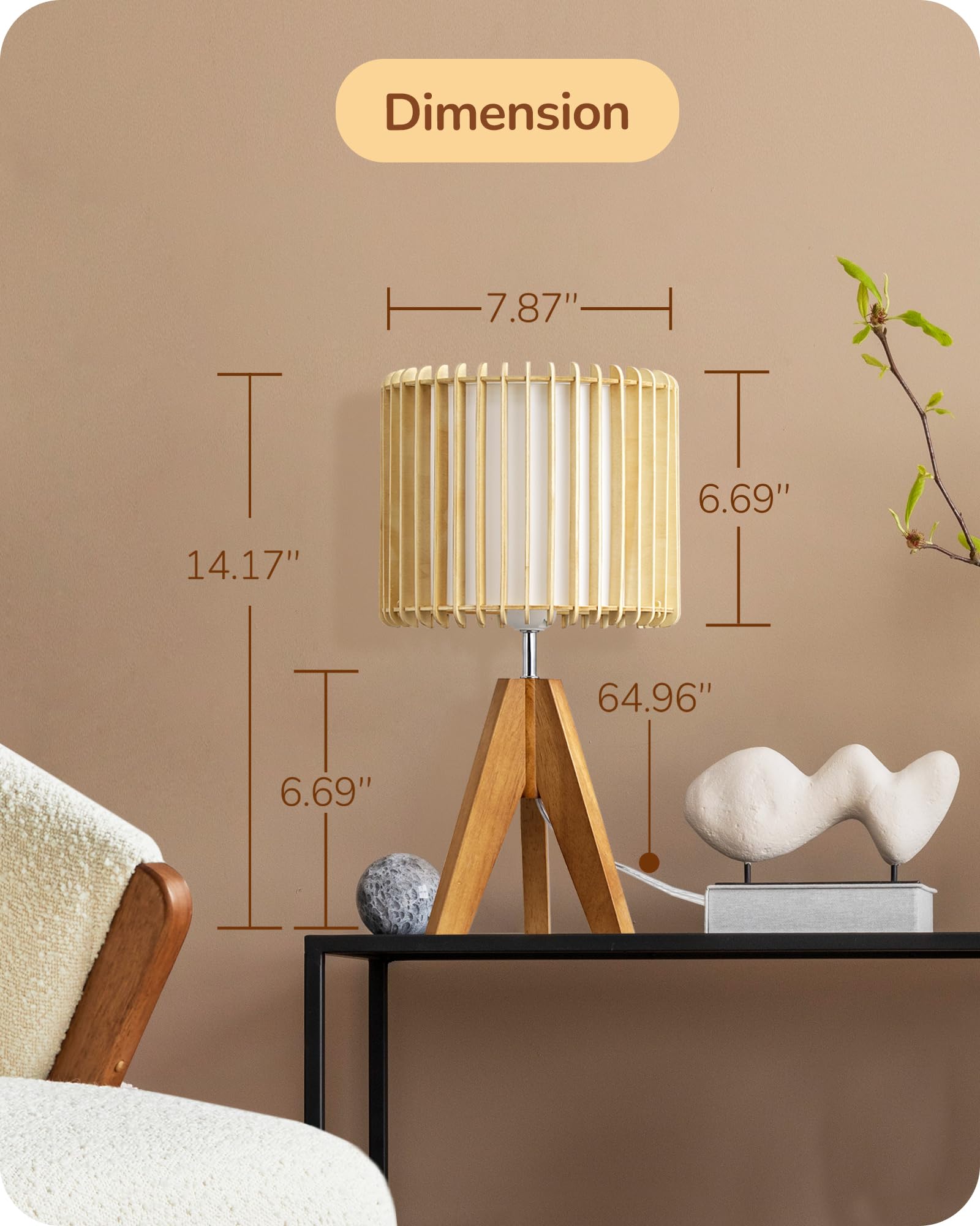 Edishine 14.17'' Small Table Lamp, Wood Tripod Bedside Lamp, Natural Wood-Colored Hollow & White Pvc Shade, E26 Base, Boho Night