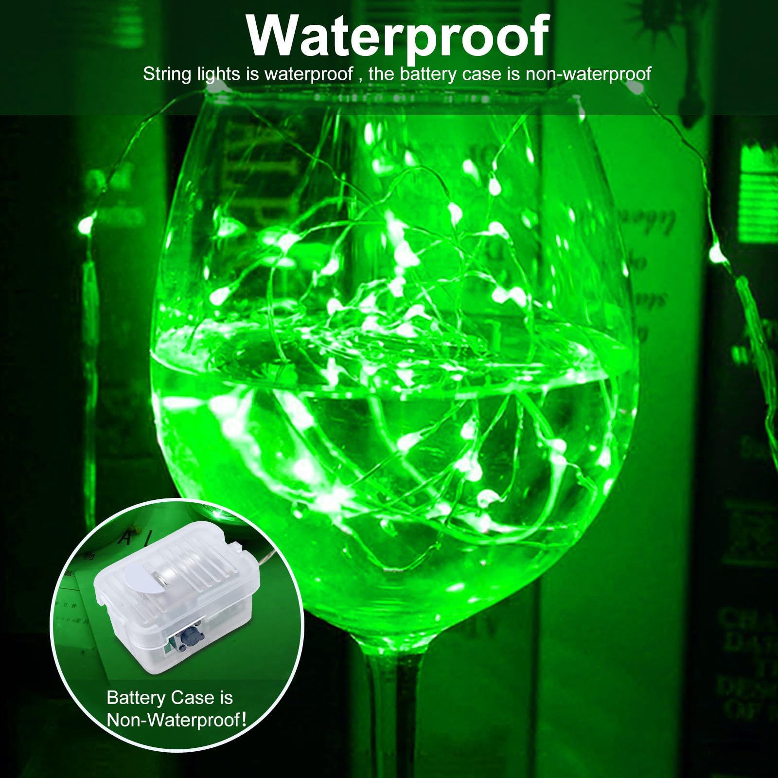 AIKEI LED Fairy Lights - Waterproof String Lights, 7ft, 20 LEDs, Battery Operated, Green, 12 Pack