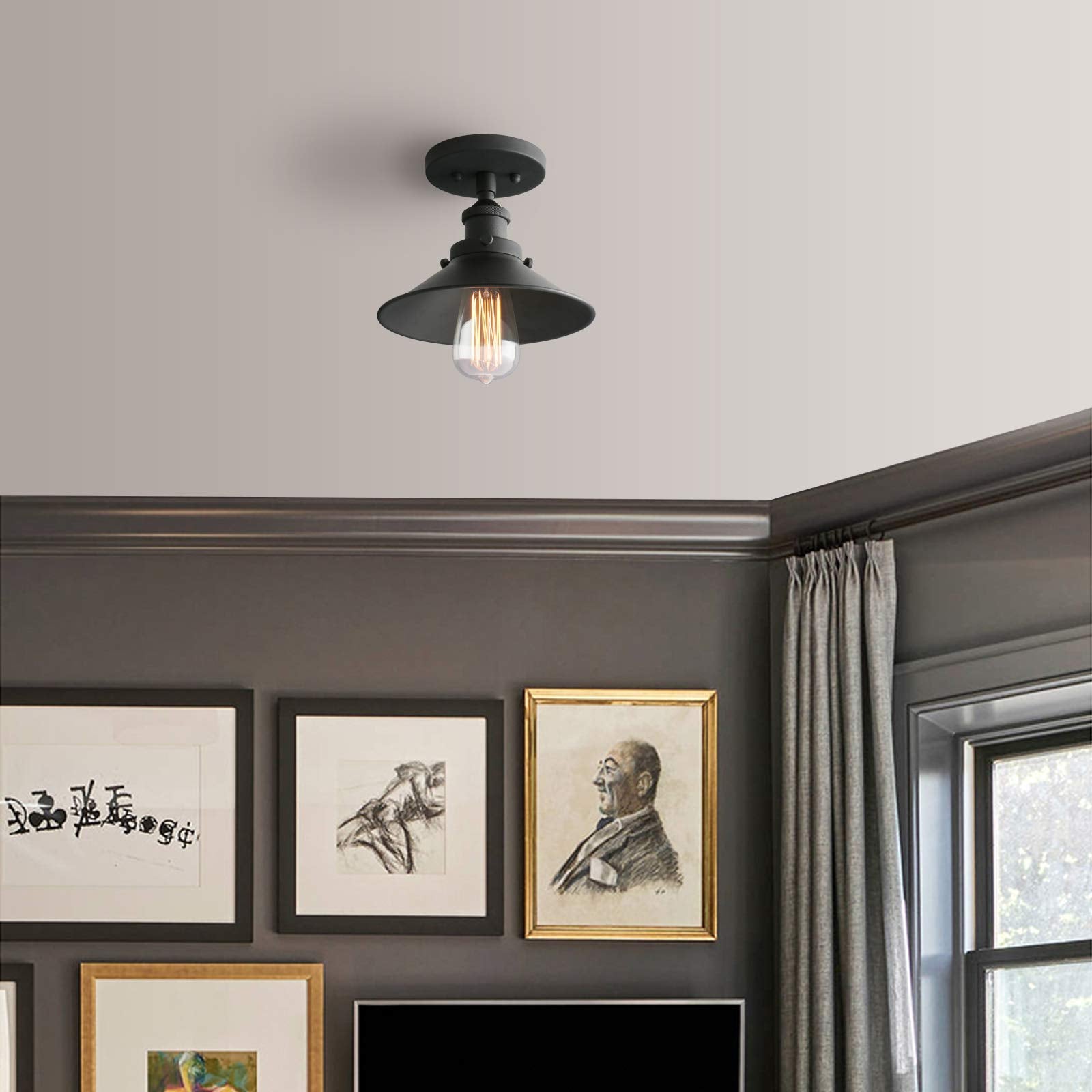 Pathson Vintage Ceiling Light With Metal Shade, Farmhouse Ceiling Lamp Fixtures For Hallway Loft Kitchen Bar, Matte Black Semi-F