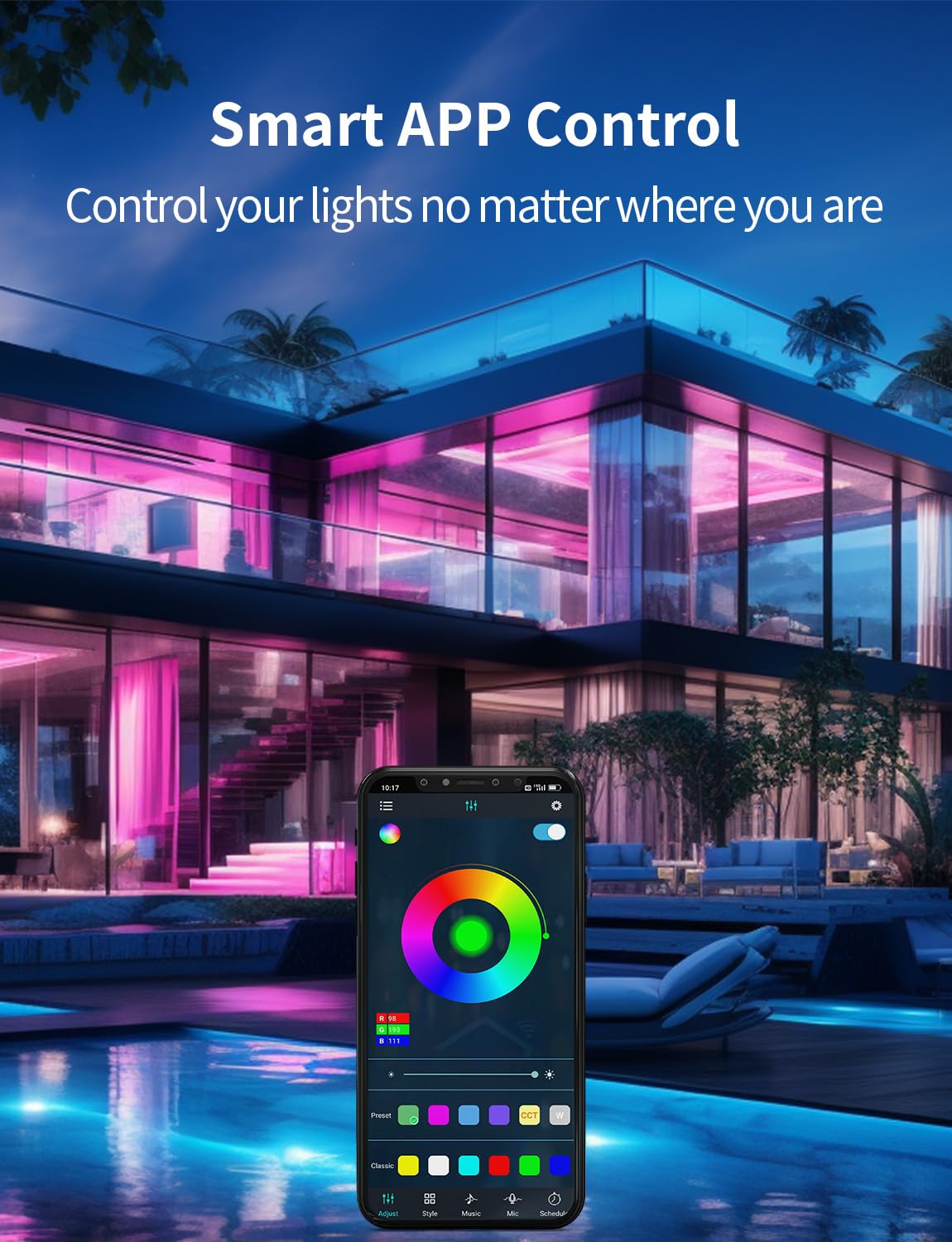 BUNACET COB RGB LED Strip Lights, 20ft, Music Sync, Remote Control, Plastic, Model BNT-LED, Color Changing, Home Decor