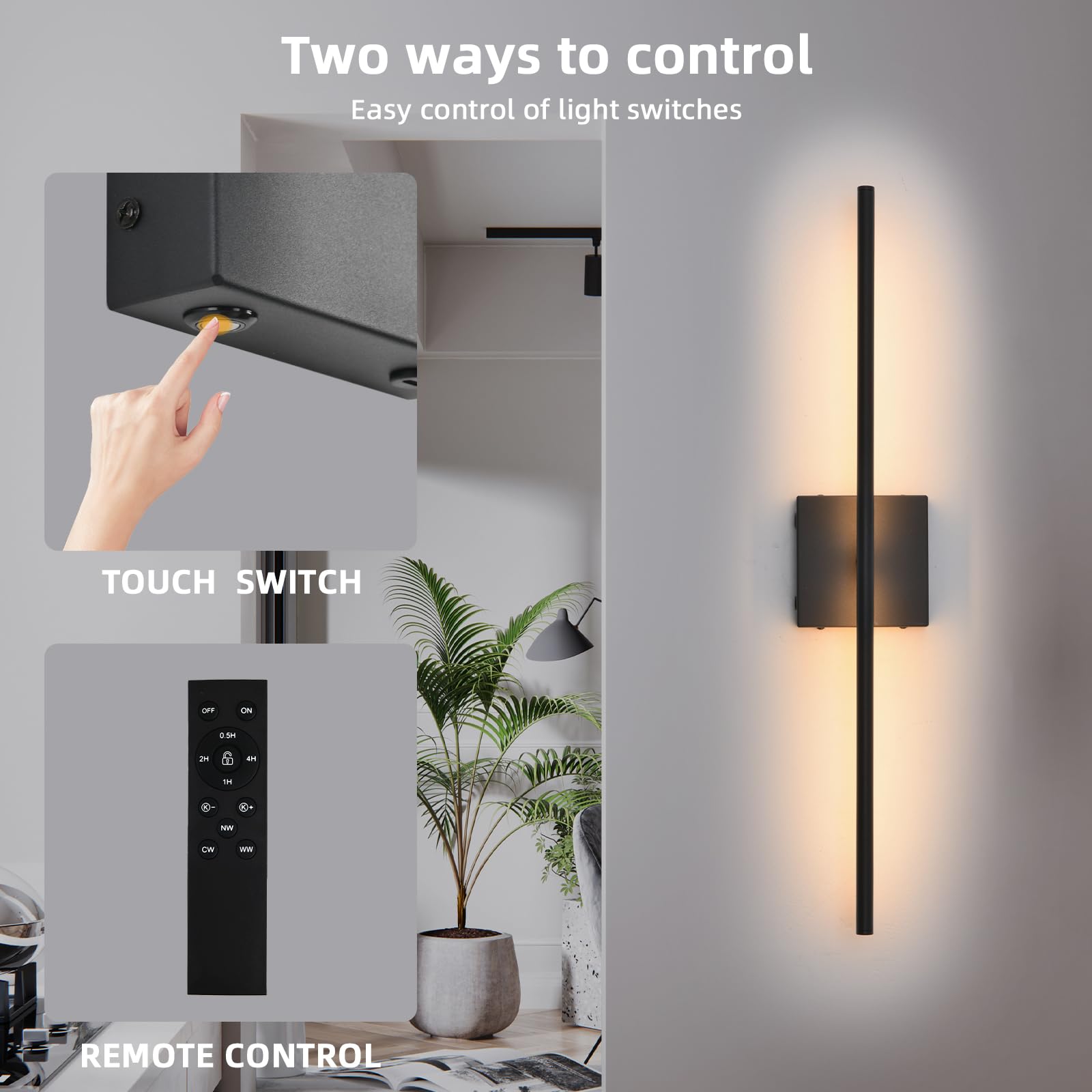 Battery Operated Wall Sconces Set Of 2, 16000Mah Black Rechargeable Wall Sconce With Remote Control, 3000K-6000K Dimmable Led Wireless Wall Light For Living Room, Hallway, Bedroom, Stairs, 29 Inchs