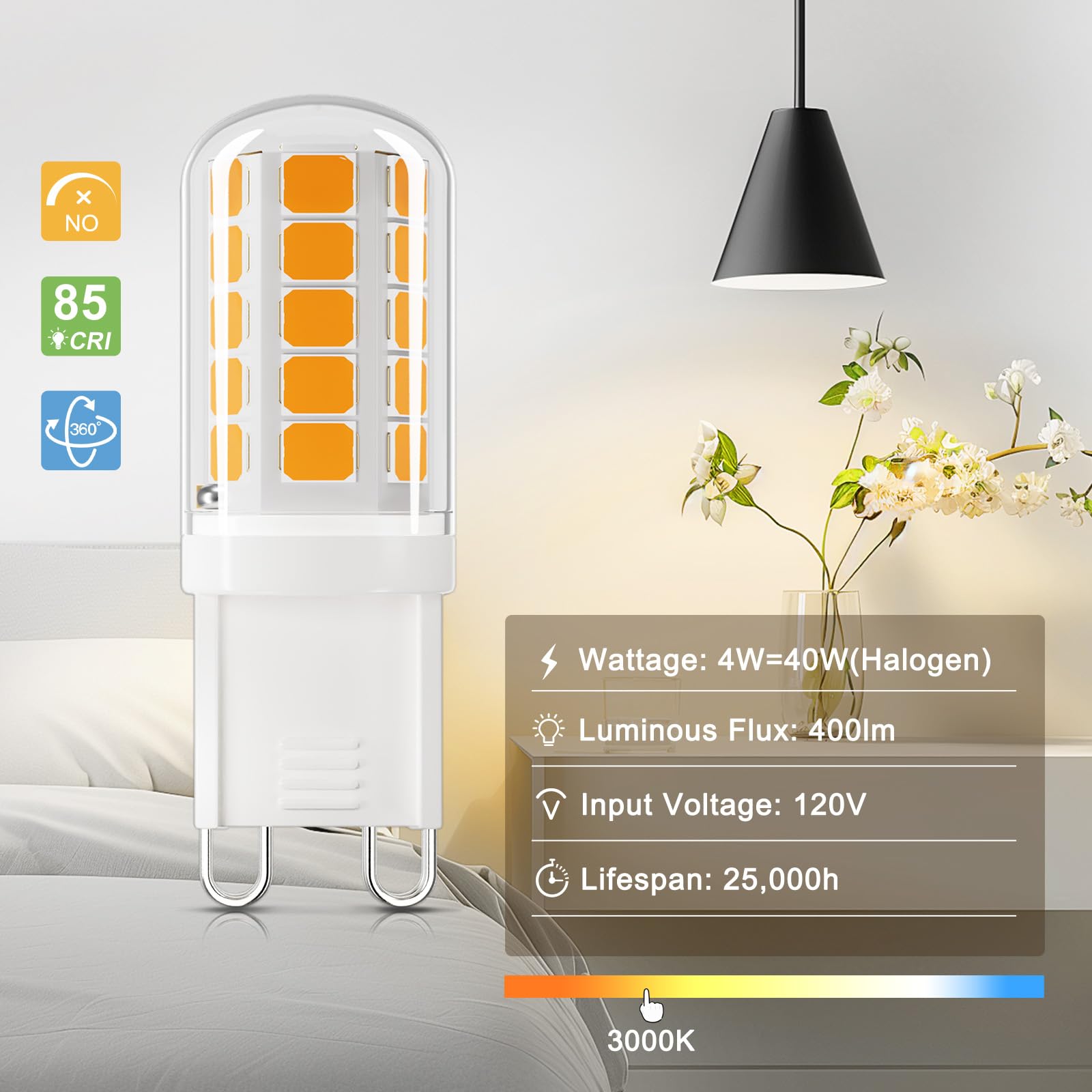 DiCUNO G9 LED Bulb 4W 3000K Warm White T4 Chandelier Light 400LM Non-Dimmable Pack of 10