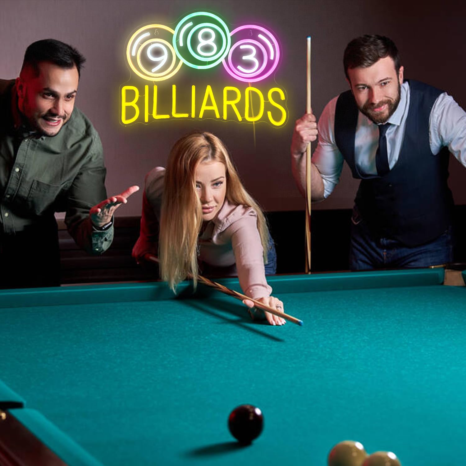 Billiards Neon Sign Led Colorful Neon Light For Wall Decor Dimmable Usb Neon Lights For Billiard Room Game Party Decor Bedroom Man Cave Boys Gift(16.9X11.8)