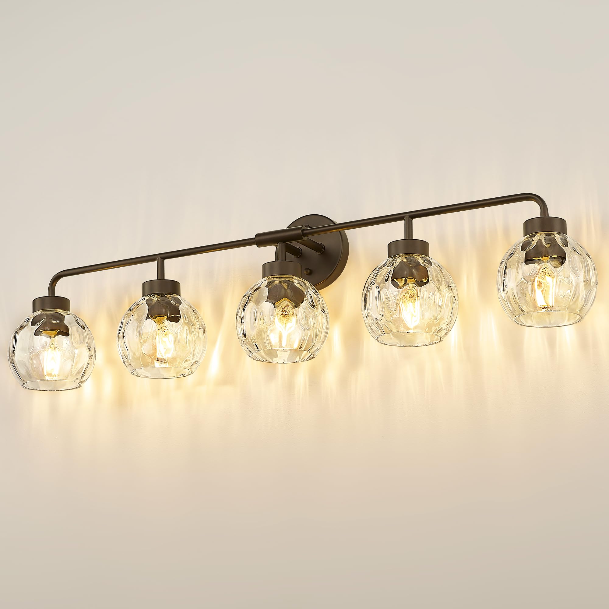 Zeyu 38.5 Inch Farmhouse Bathroom Lighting Fixture  5-Light Bathroom Vanity Light  Oil Rubbed Bronze Finish With Water Ripple Globe Glass  Zs62Bg-5W Orb-Wg