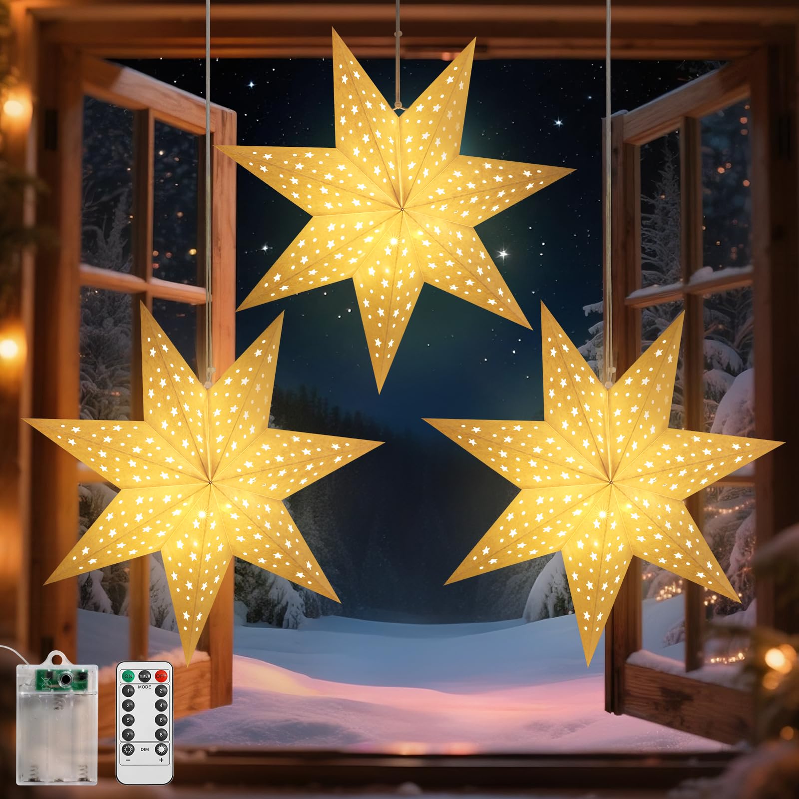 Lewondr Christmas Paper Star Lantern 3 Pack, Hanging 7-Pointed Star Lights with Hollowed Stars, LED Paper Lanterns with 6H Timer