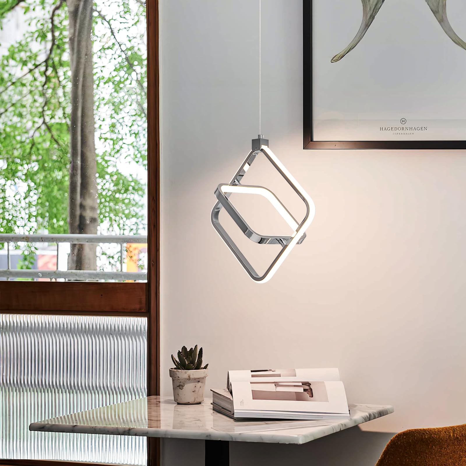 Bnhhlz Modern Led Chandelier Chrome Rectangular Pendant Light Fixtures 4000K 20W Dimmable Height Adjustable Pendant Lighting For