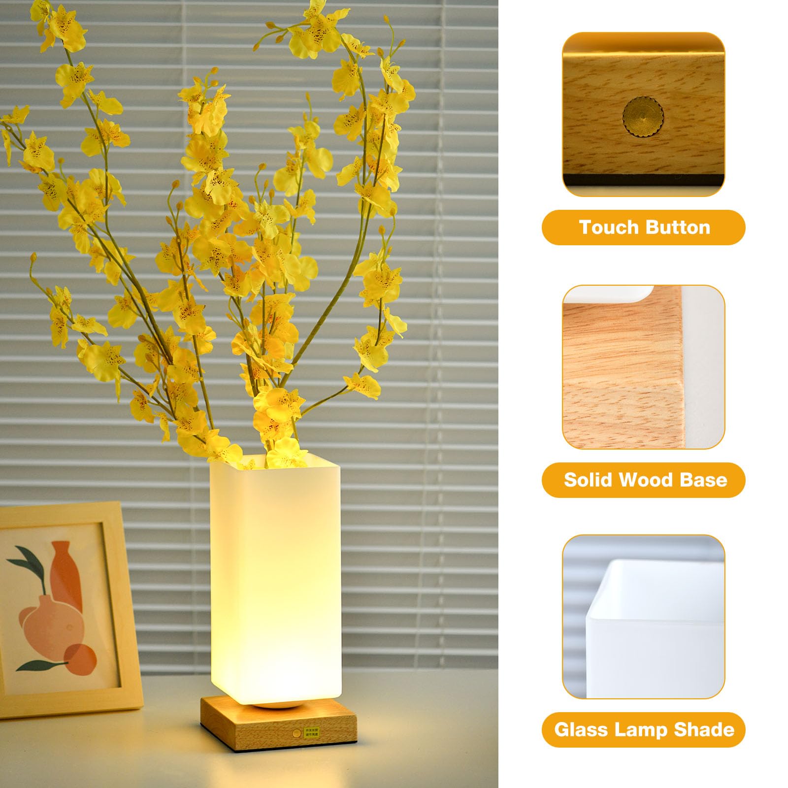 Floresita Rechargeable Touch Table Lamp, Dimmable 3 Colors, Frosted Glass Shade, Wood Base, White