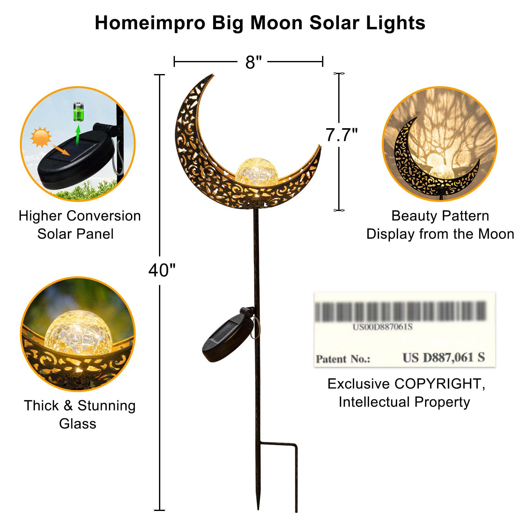 HOMEIMPRO Solar Garden Lights Metal Bronze Moon 1Pack Waterproof Decorative for Lawn Patio Accessories