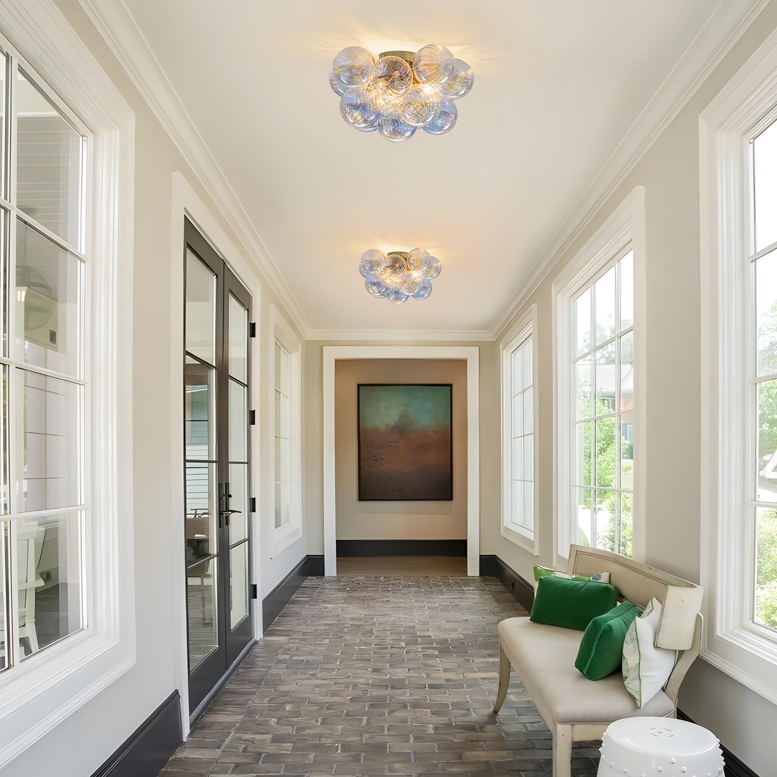 Semi Flush Mount Ceiling Light 18.5-Glass Bubble Chandelier Lighting Modern Hallway Light Fixtures Brushed Gold With 13 Swirled Colorful Globe For Dining Room Kitchen Bathroom Entryway Bedroom