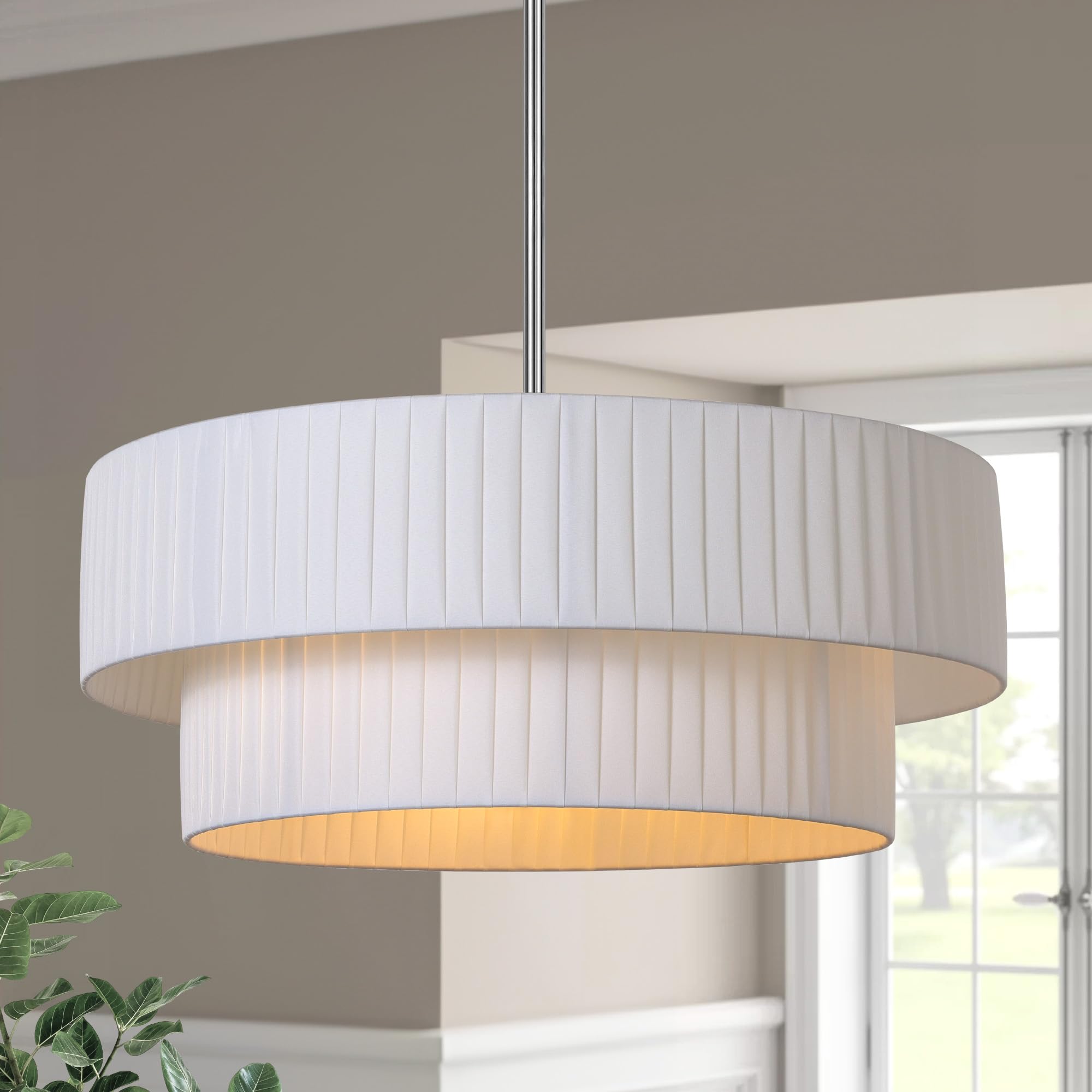 Lamqee 3-Light Modern Drum Chandelier, 2-Tier Semi-Flush Mount Pendant Light Fixtures With Fabric Lampshades, 20    Hang Ceiling