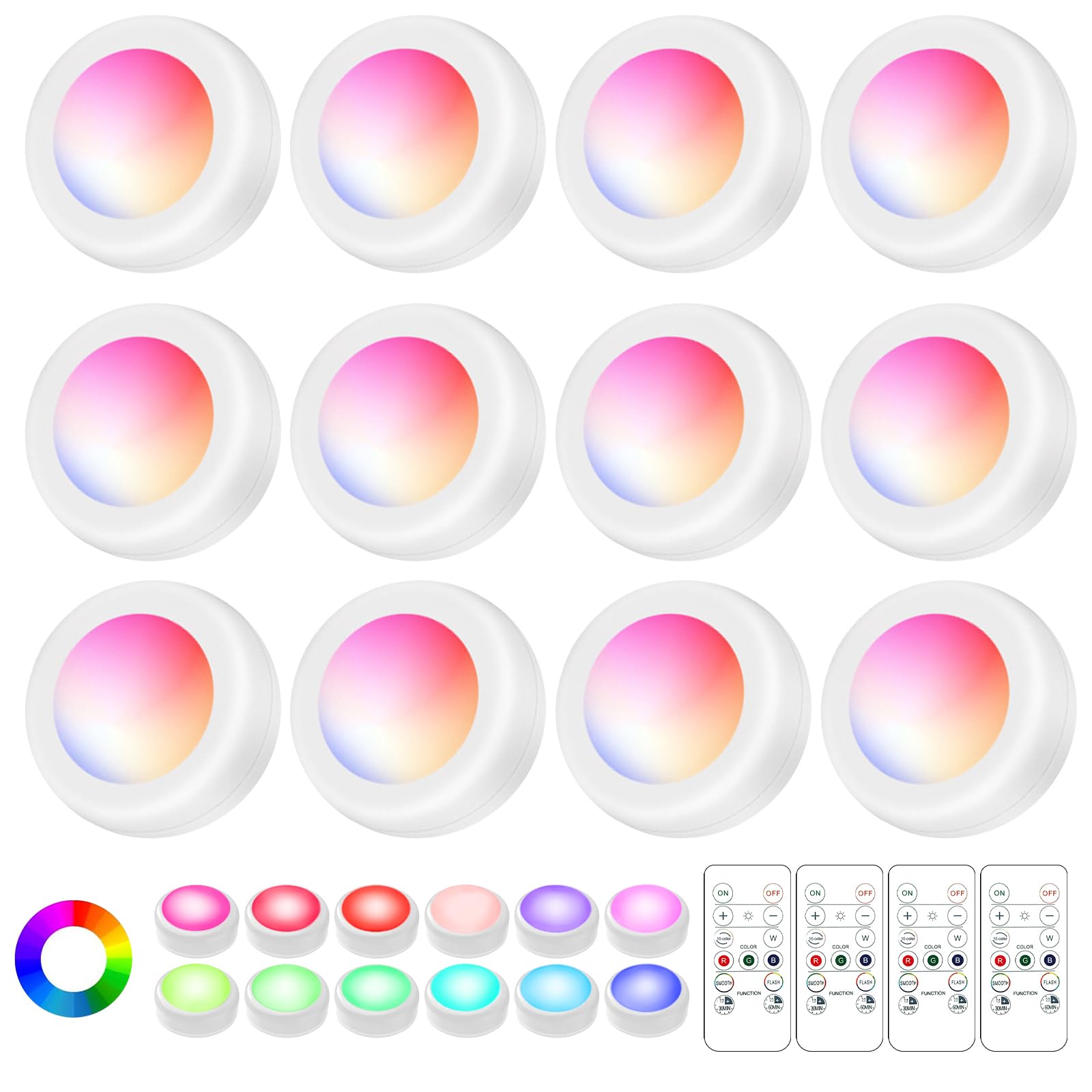 Lilampts LED Puck Lights, Wireless Under Cabinet Lighting, Color Changing with Dimmer, 12 Pack, White, Battery Operated