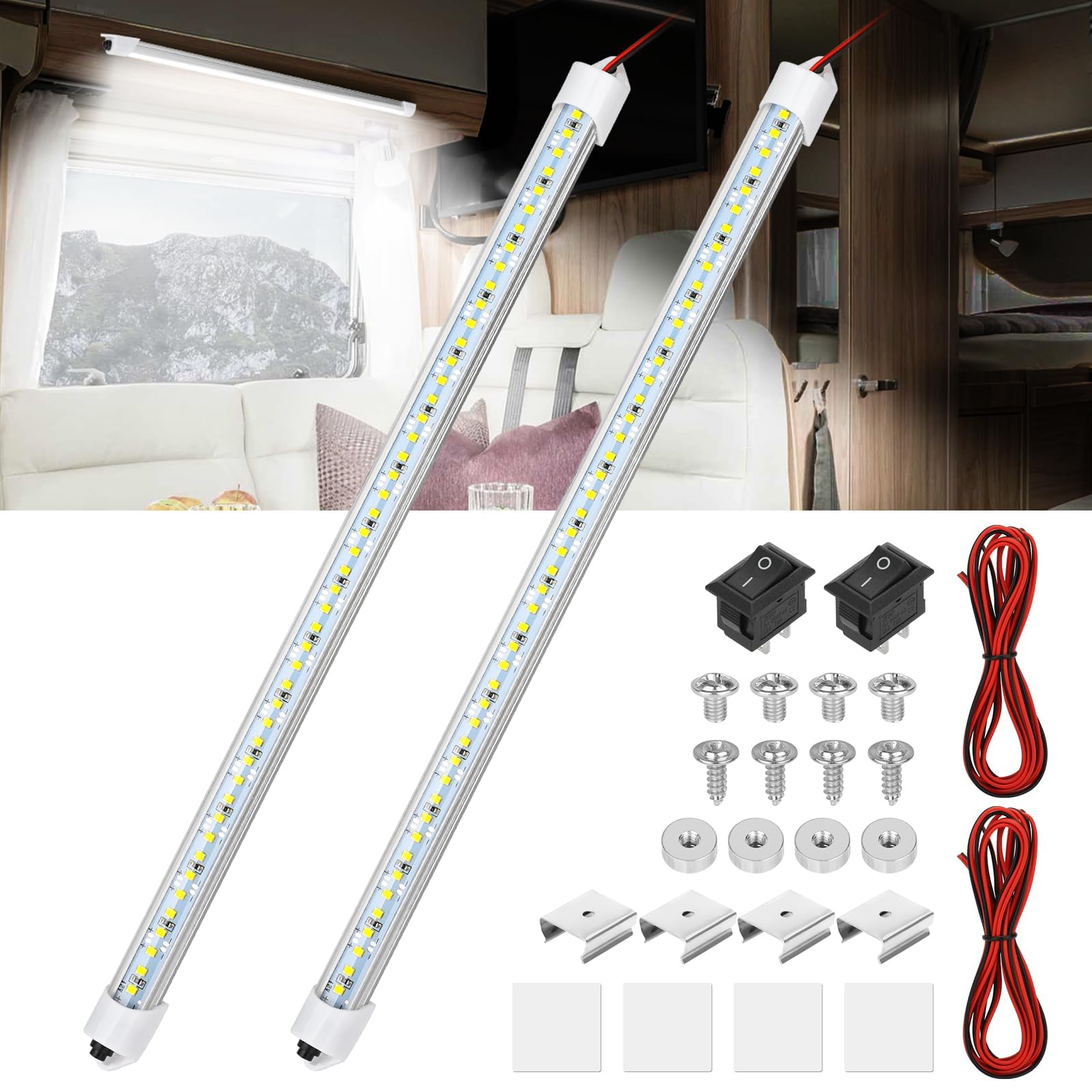 Linkstyle 2Pcs 12V Interior Led Light Bar, 48 Leds Slim Light Strip W/Switch, For Car Trailer Truck Rv Van Boat, 6500K