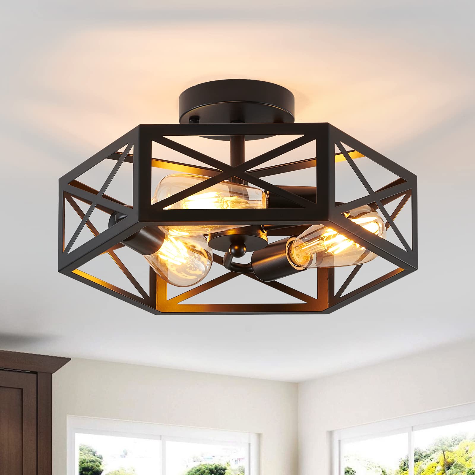 Xsdetu Black Ceiling Light, Modern Farmhouse Chandelier With Metal Hexagon Cage,Industrial Flush Mount Lamp For Kitchen, Hallway, Bathroom,3 Light