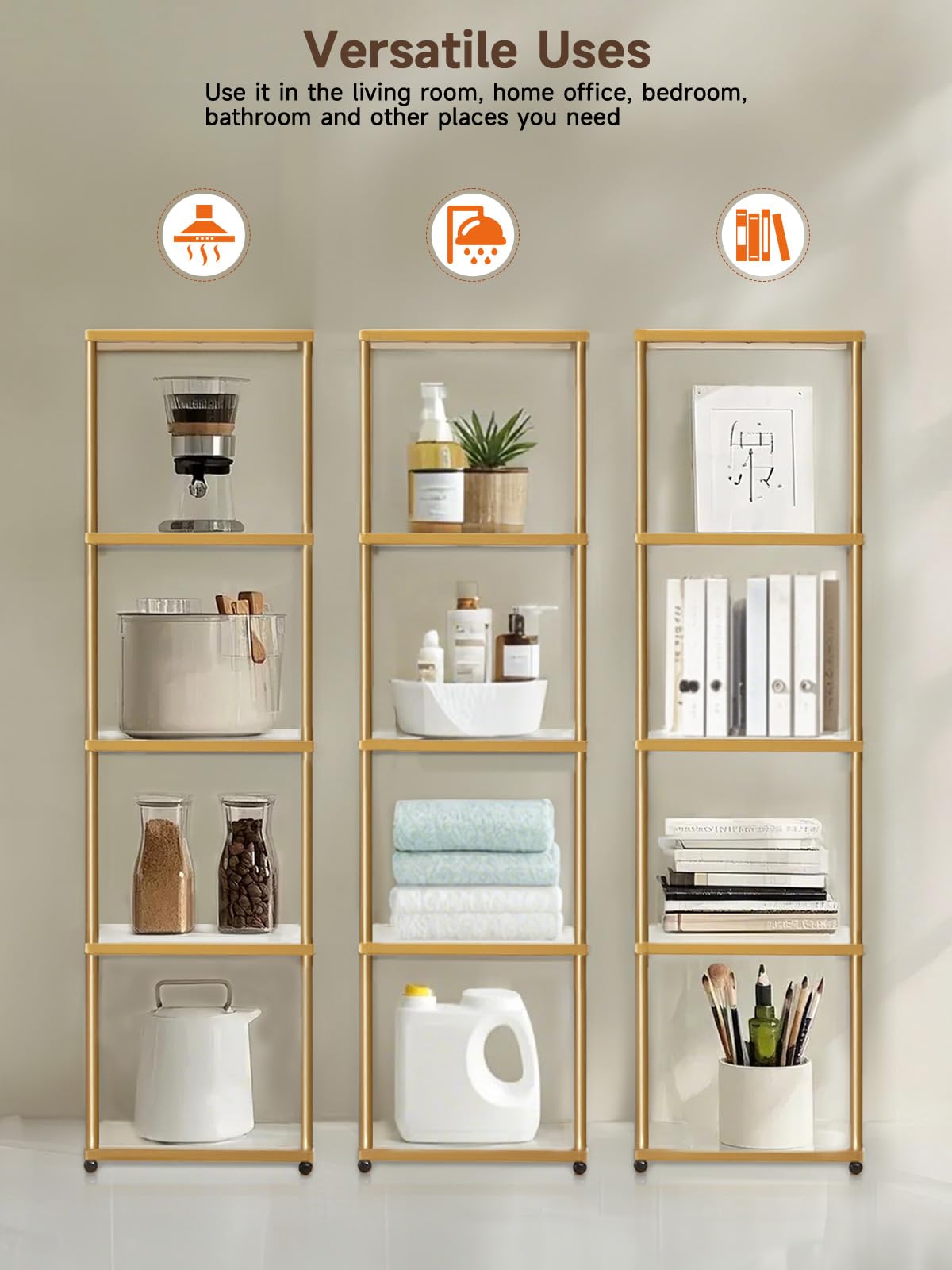 MANBUR Display Shelf with Dimmable LED Floor Lamp, 5-Tier, 58.2inH x 15.7inL x 12.6inW, Iron, Gold, Model d