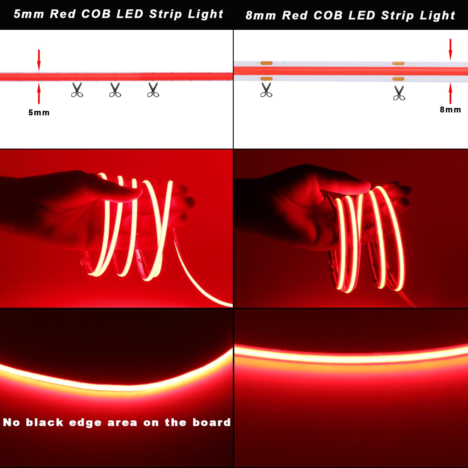 Topai 24V Thin 5Mm Red Cob Led Strip 16.4Ft Narrow Led Tape Light Dotless 400Leds/M High Density Cuttable Flexible For Cabinet Home Diy Lighting Projects
