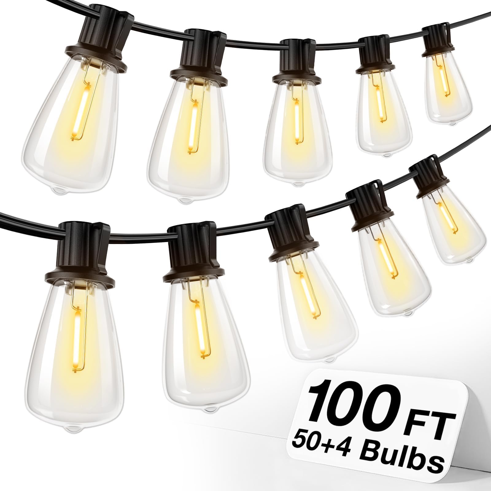 addlon 100FT(50FT*2) LED Outdoor String Lights Waterproof Patio Lights with 54 Shatterproof ST38 Replaceable Bulbs(4 Spare), Dim