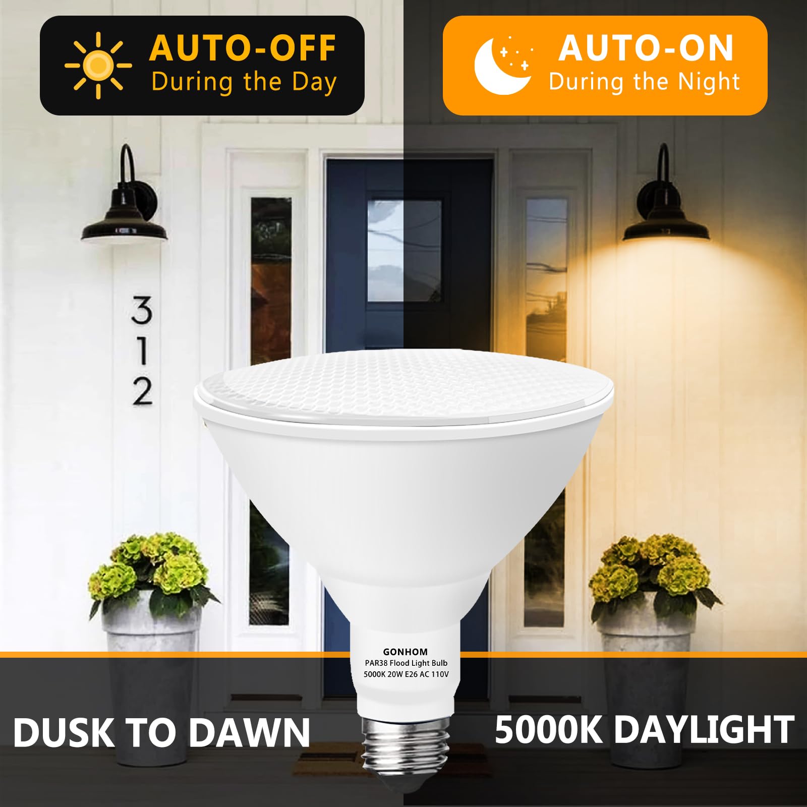 Gonhom PAR38 LED Dusk to Dawn Flood Light Bulbs, 20W (Replace 200W), 1800LM, 2 Pack, 2700K Daylight, E