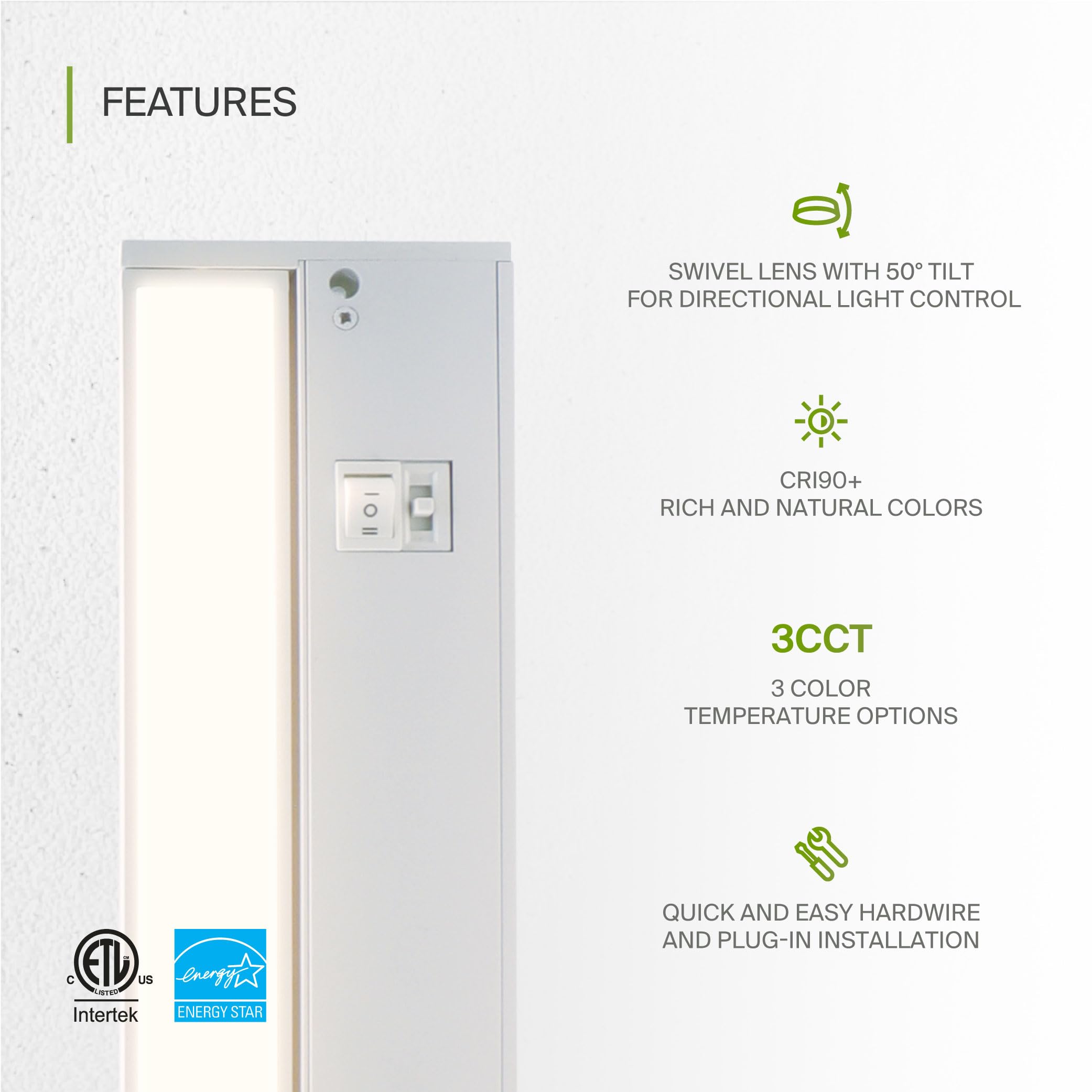 ASD Swivel LED Under Cabinet Light, 18 Inch, Dimmable, 8W, Hardwired/Plug-in, 2700K/3000K/4000K, Aluminum