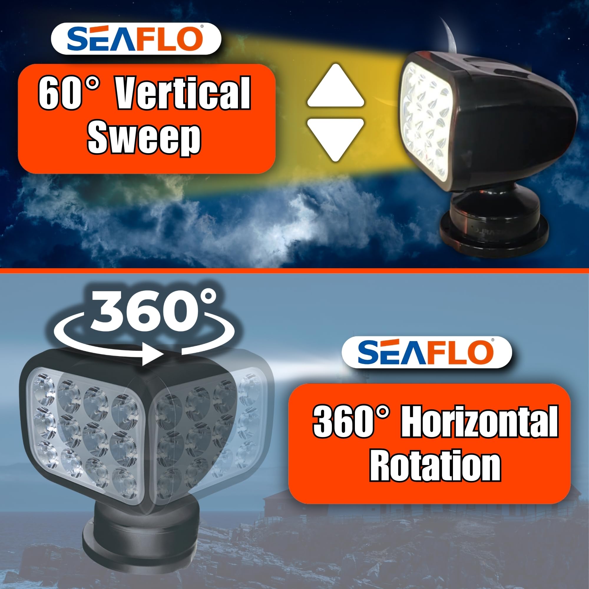 SEAFLO 360° Rotating LED Searchlight, 10-30V, IP66 Waterproof, Warm Light 2700K, Black, Model SFSL-2700Y-01B