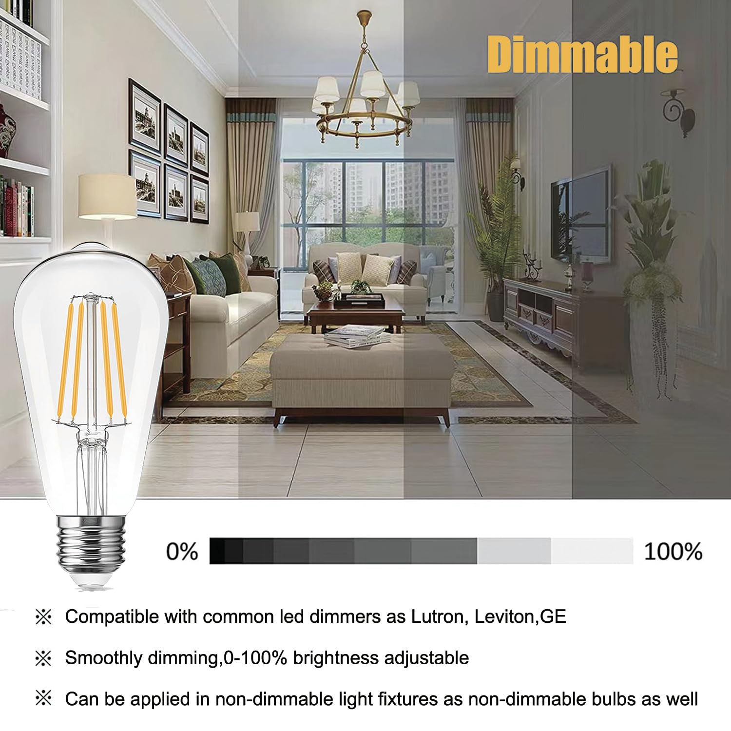 H&D Home Interchanges LED Edison Bulbs 60W Equivalent Dimmable Glass Warm White 2700K 12-Pack E26 Base