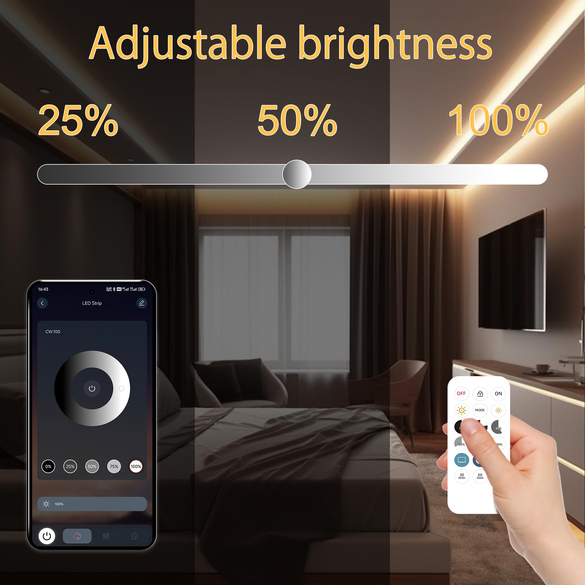 AXMOTUT COB LED Strip Light 32.8ft Warm White 2700K Dimmable with RF Remote, Model AM-320-5H227, Ideal for Bedroom & Kitchen Decoration