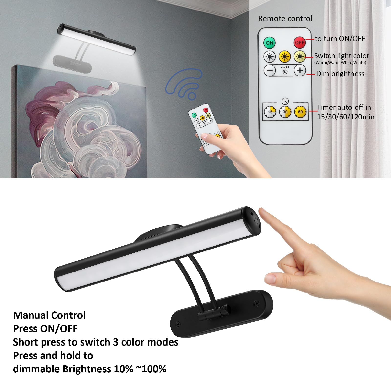 Mioblue Wireless Picture Light With Remote, Rechargeable Battery Art Display Light With Remote Control, Dimmable/Timer Off Paint