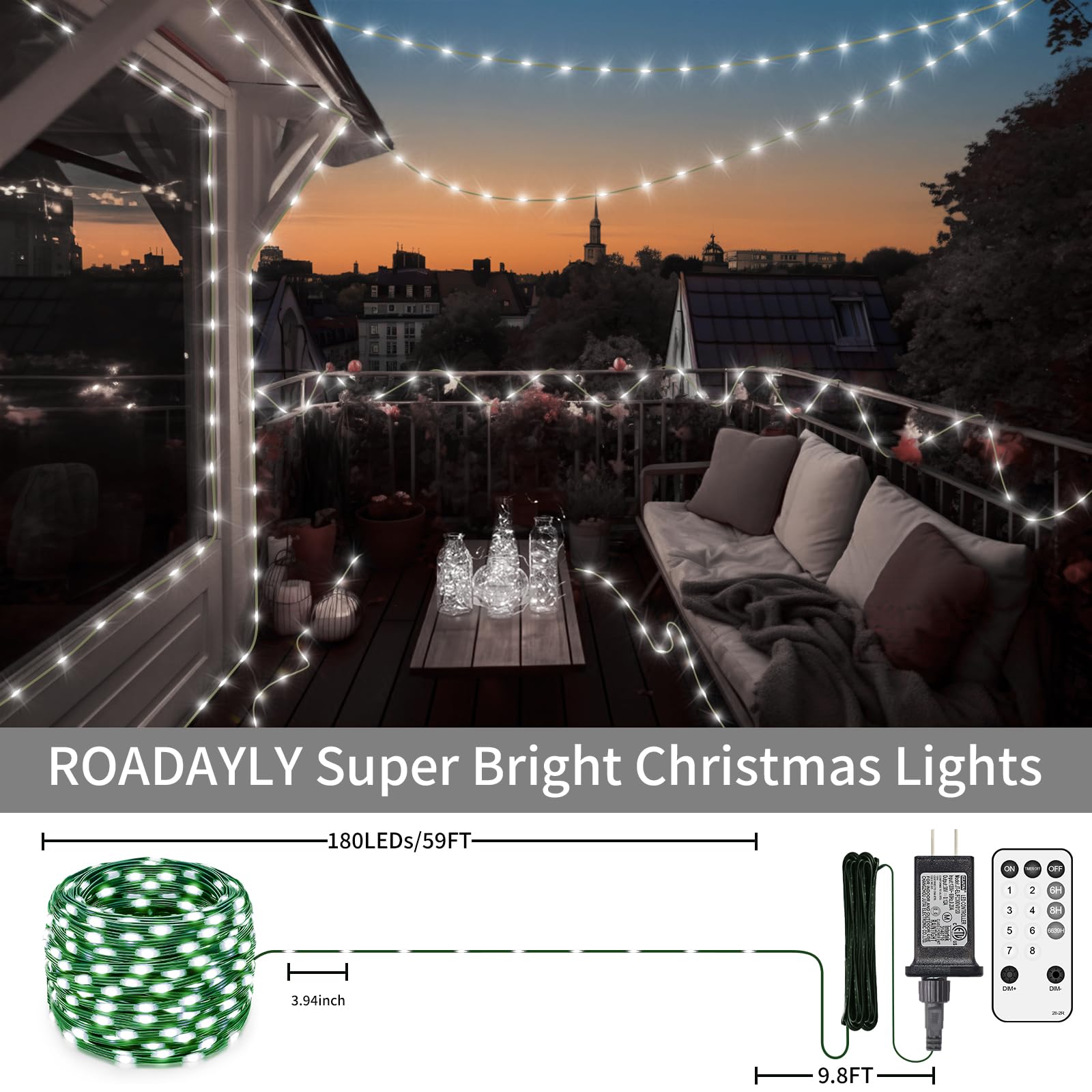 ROADAYLY LED String Lights, 180 LEDs, 59 FT, Cool White, Waterproof Green Wire, Remote Timer, 8 Modes for Outdoor Christmas Decorations
