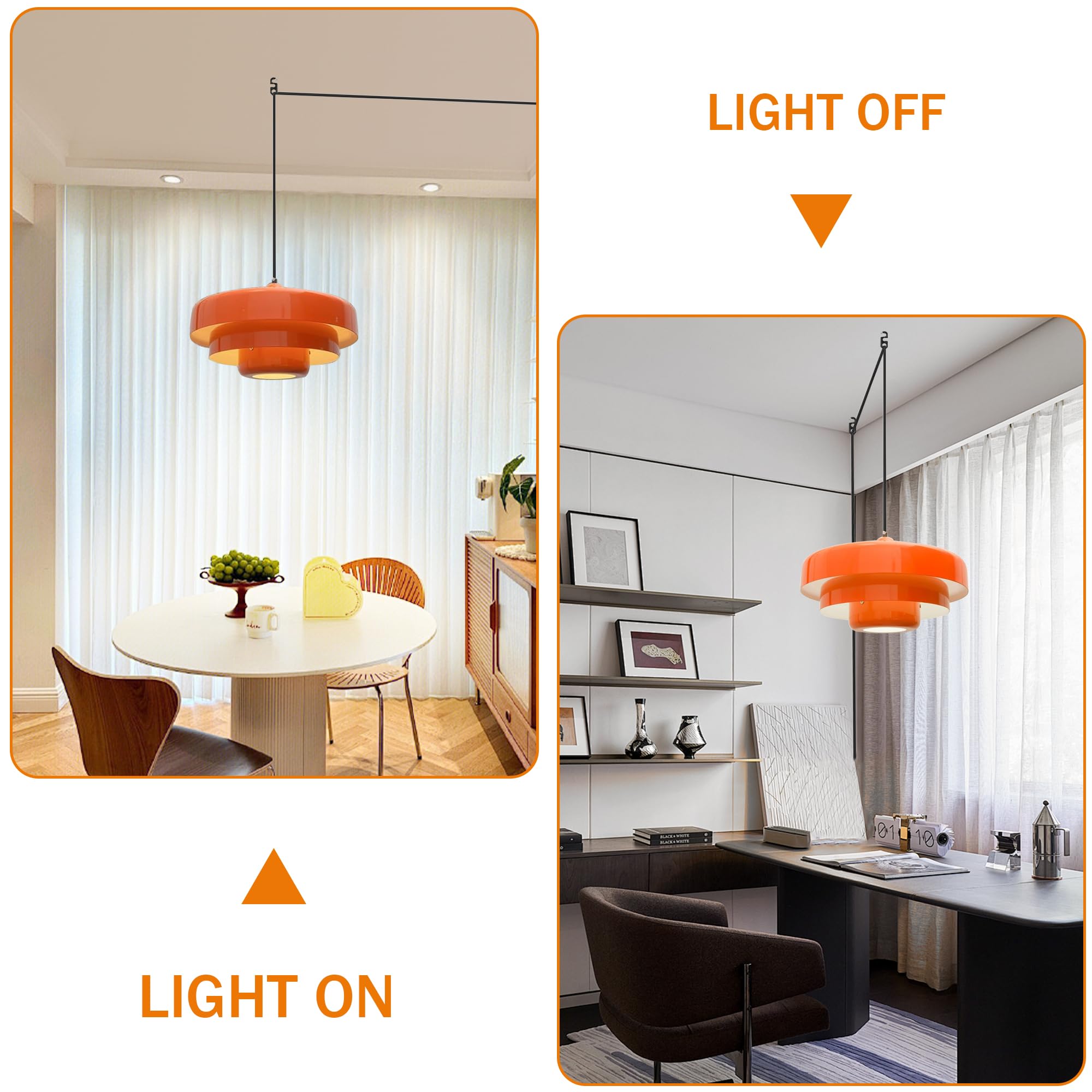 DoungRos Mid Century Plug in Pendant Light - Orange Metal Shade, On/Off Switch, Nordic Style, DR011 for Living Room, Dining, Bedroom, Kitchen