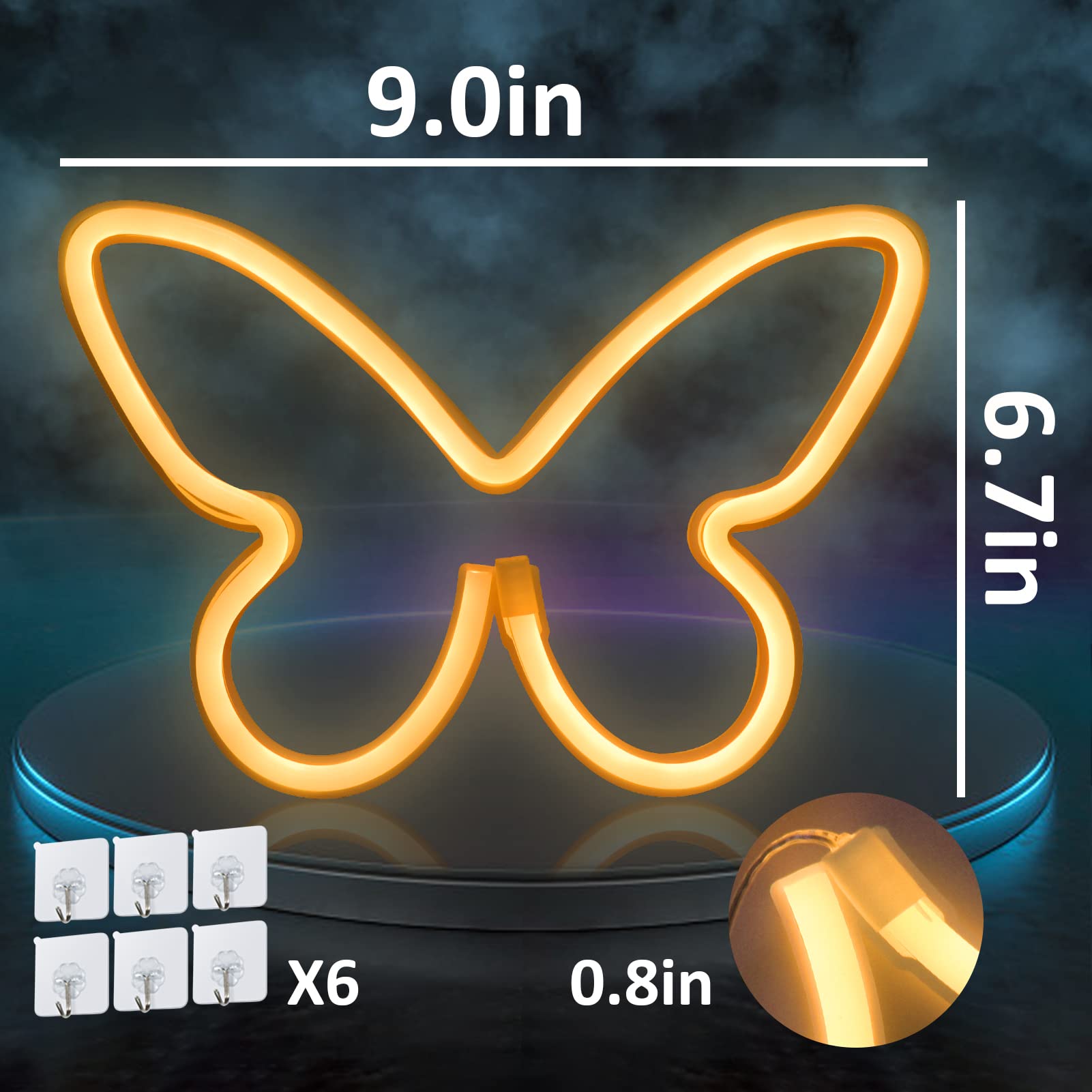 BRIGHTDECK Butterfly Neon Signs, 3 Pcs LED Wall Décor, 5x5 inches, USB/3-AA Battery, Pink/Purple/Warm White, Model 001