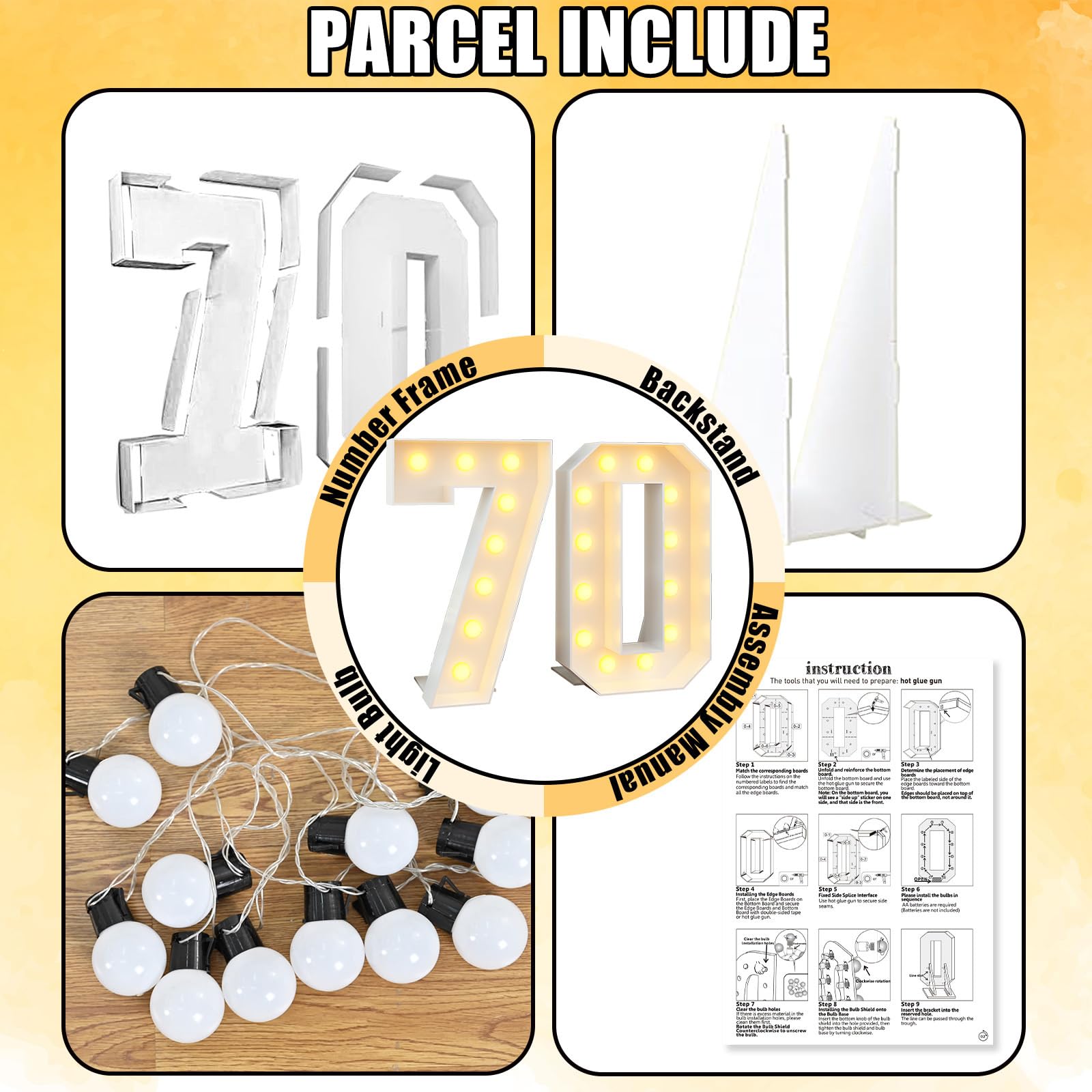 Paeyeq 4ft Light Up Numbers 70 with White Marquee Frame for 70th Birthday Decorations, Cardboard with Lights