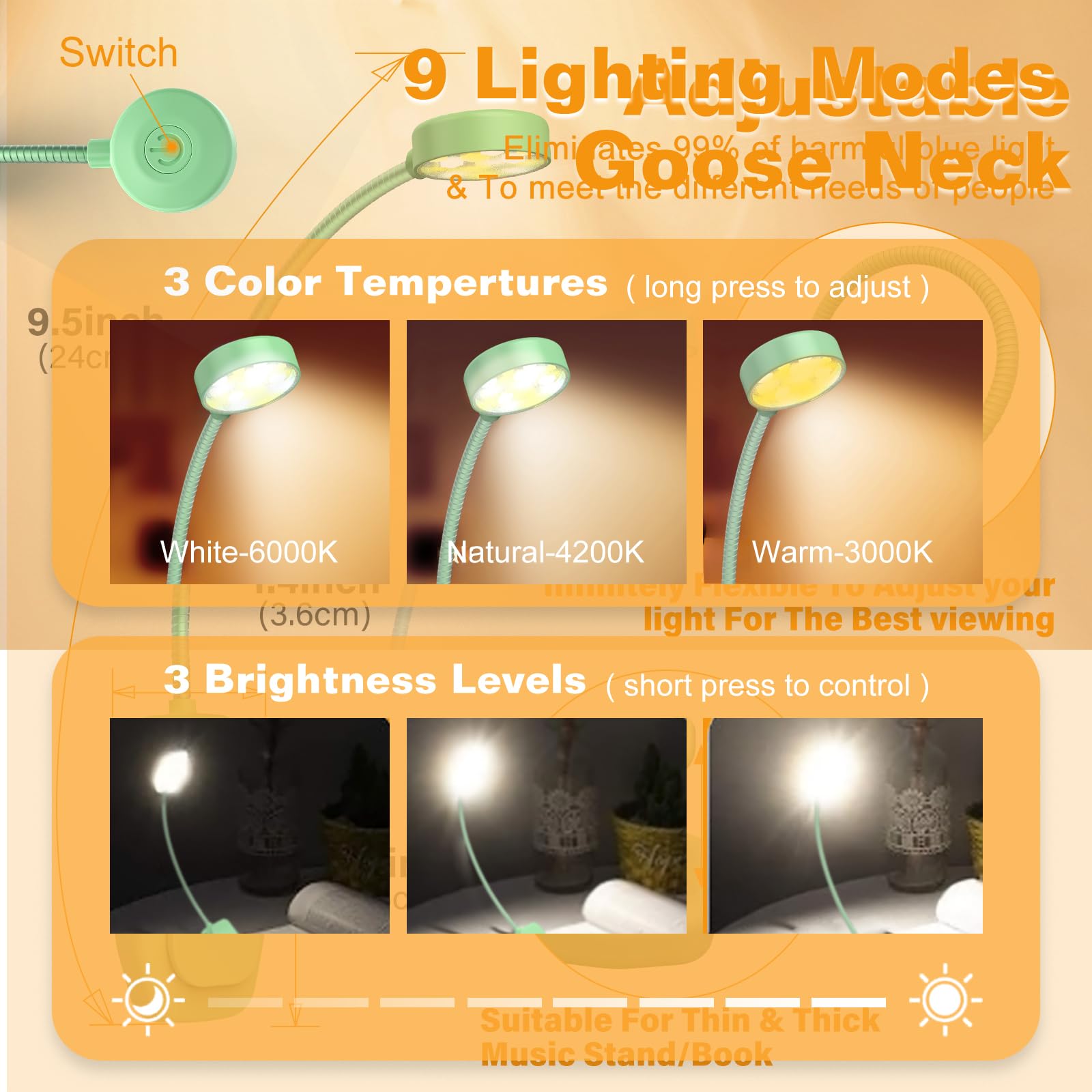 KTEBO Rechargeable Book Reading Light - Adjustable Brightness, 3 Color Temperatures, 30+ Hours Runtime, Black & Green, Model BHLBL-6