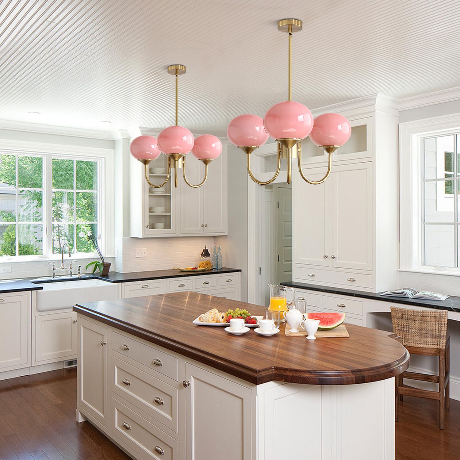 BOKT Modern Pink Sputnik Chandelier, 3-Light Brushed Gold Fixture, Adjustable Height, Mid Century Design, Model BP1110-3